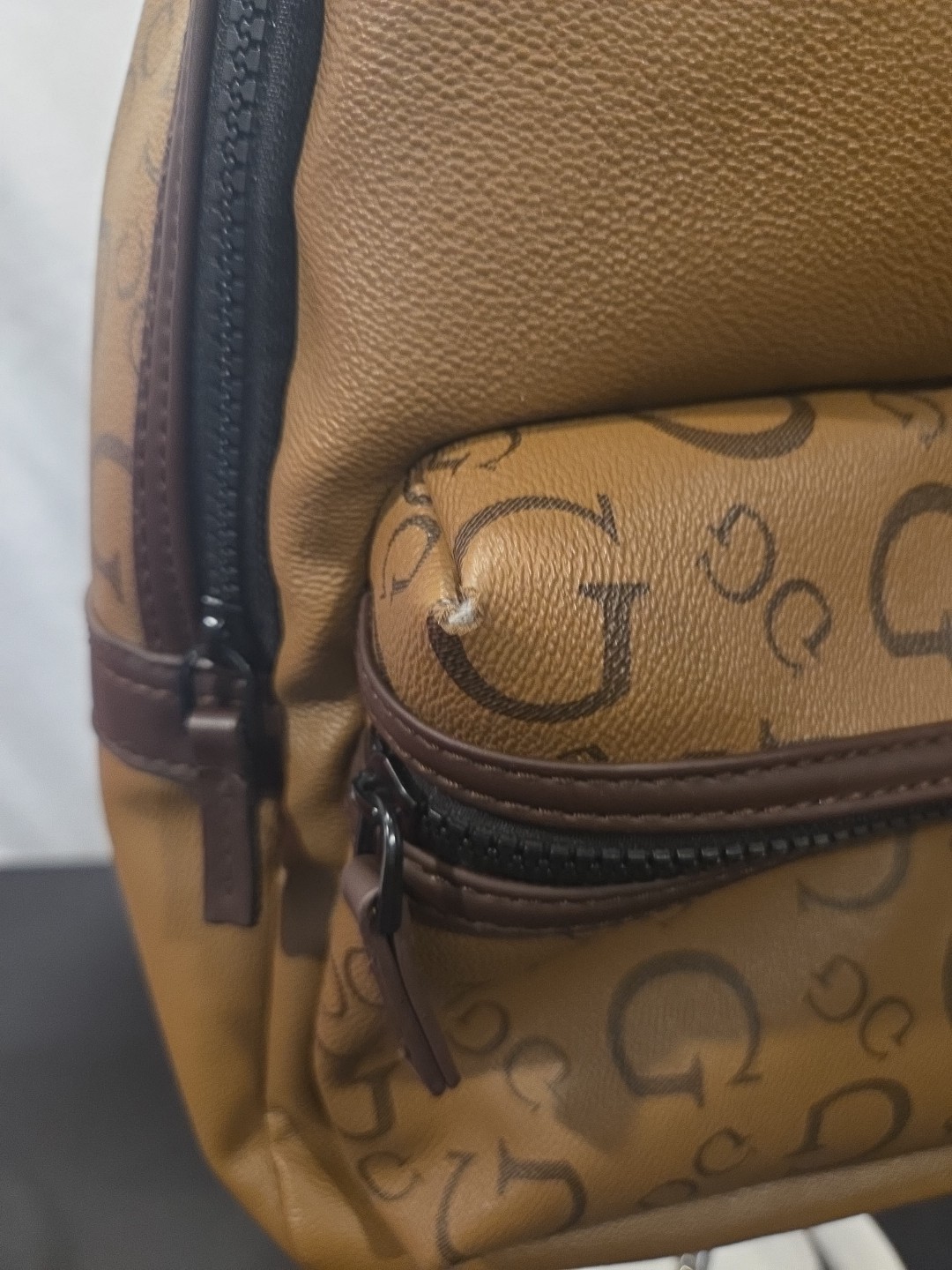 Guess Mens Backpack Bag Monogram Travel Adjustable Strap Zipper Brown