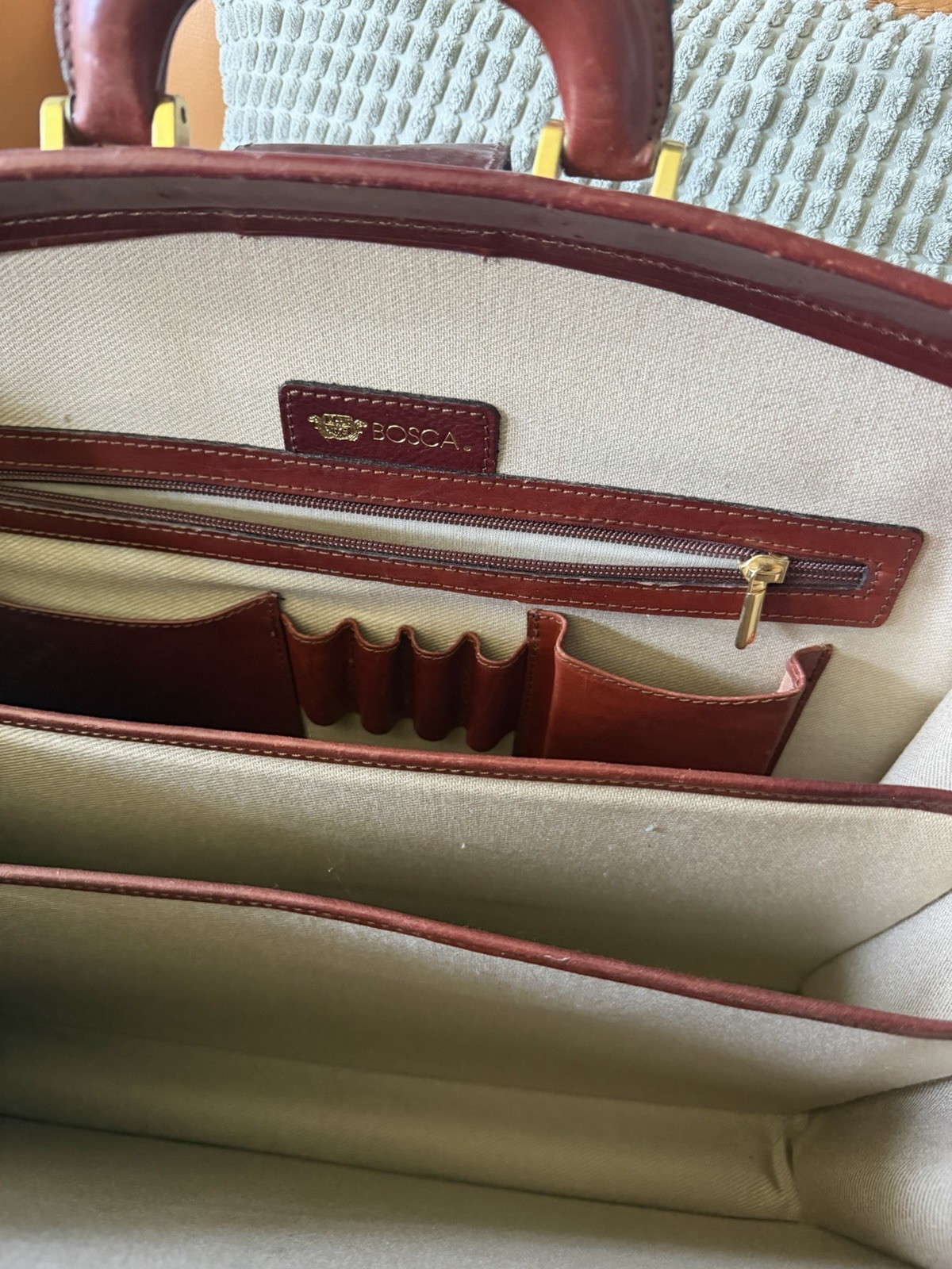 Bosca Men’s Brown Briefcase/Document Case Top Handle Push Lock, Solid