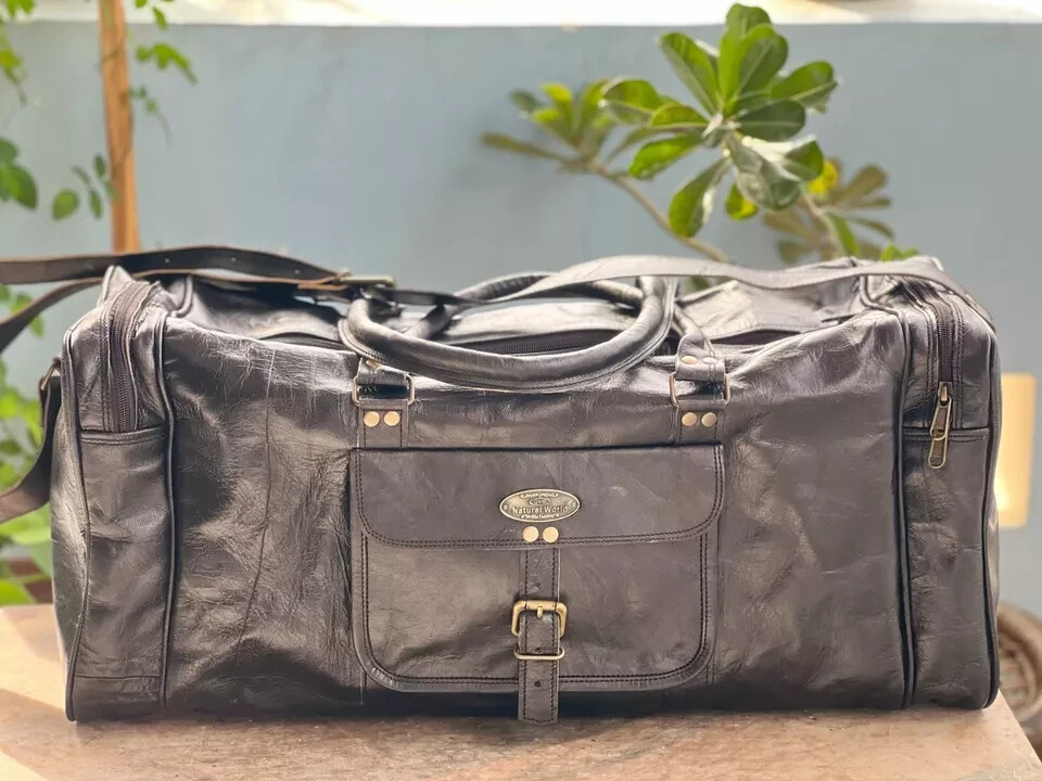 Leather Travel Duffel Weekend Overnight Luggage Men’s Bag Free Black Purse