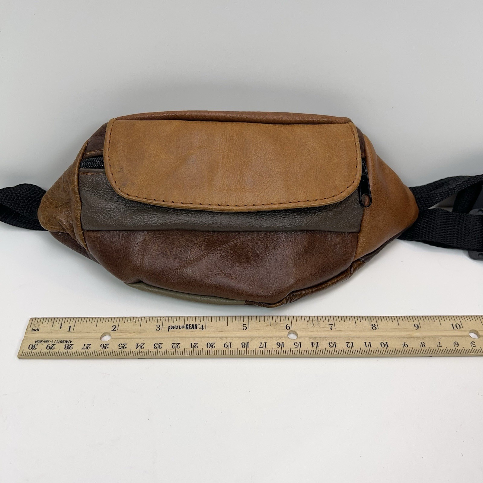 Vtg LEATHER Fanny Pack 90s Suede Patchwork Brown Waist Bag Straps Multi Pockets