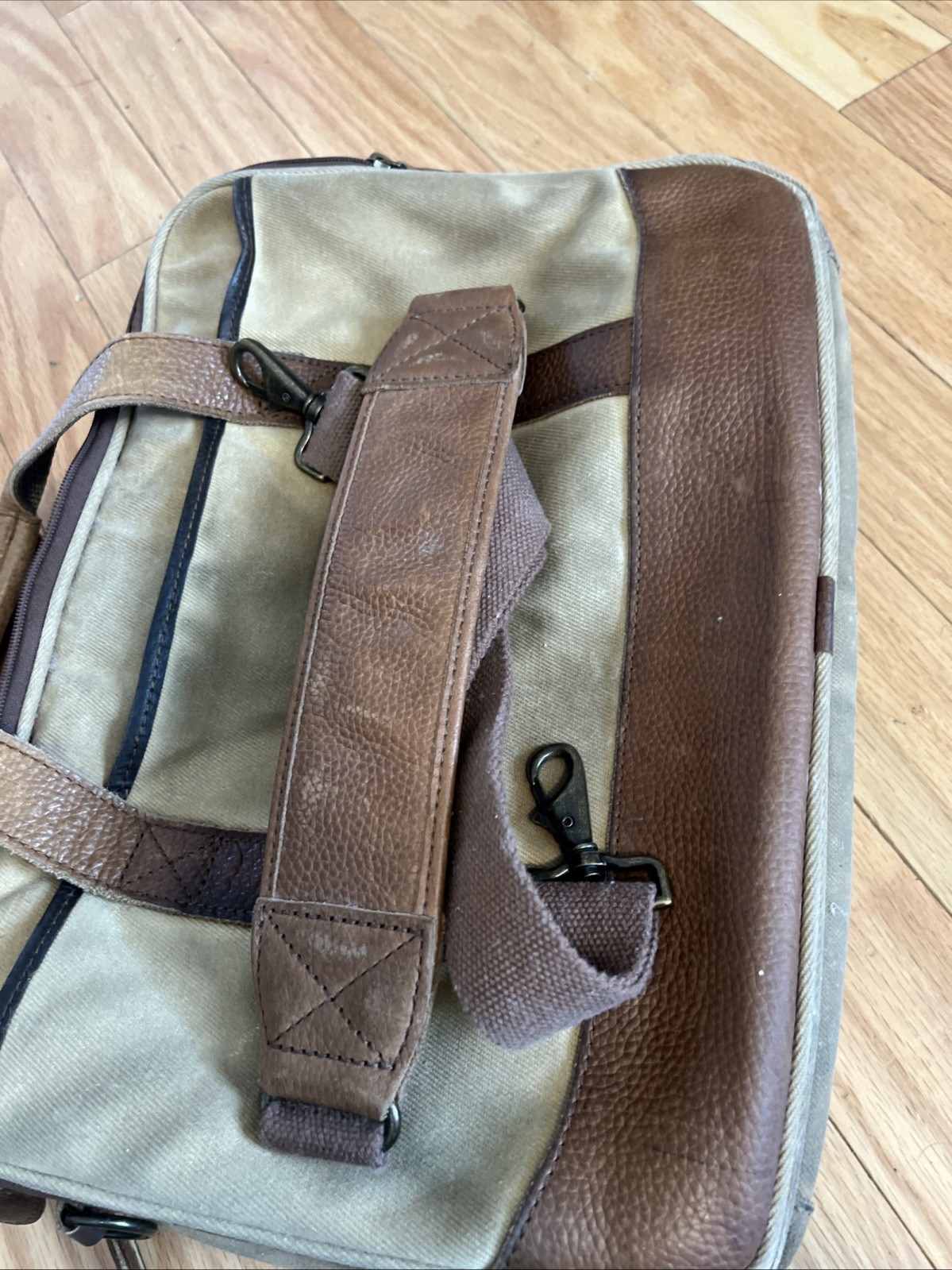 LL Bean Canvas Messenger Crossbody Bag Push Lock Leather Trim Tan Brown