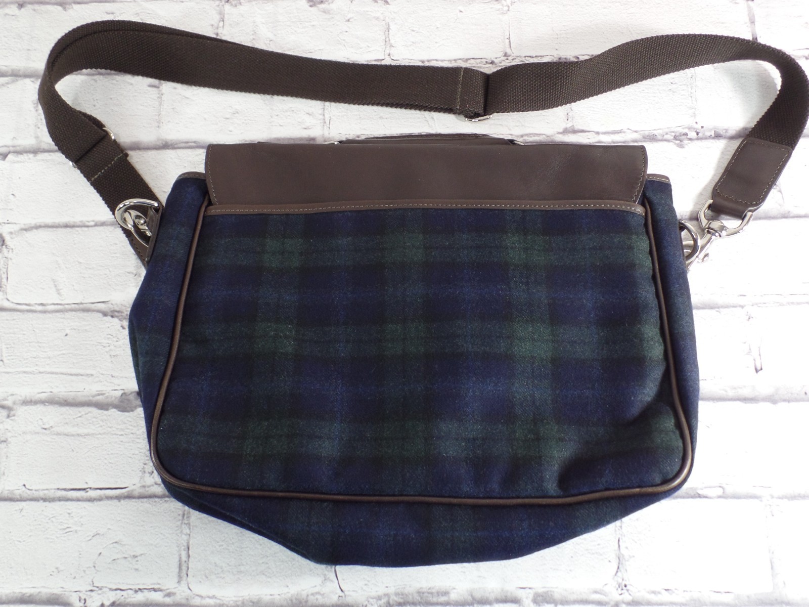 Men’s Peter Millar Briefcase Messenger Bag Tartan Wool Leather
