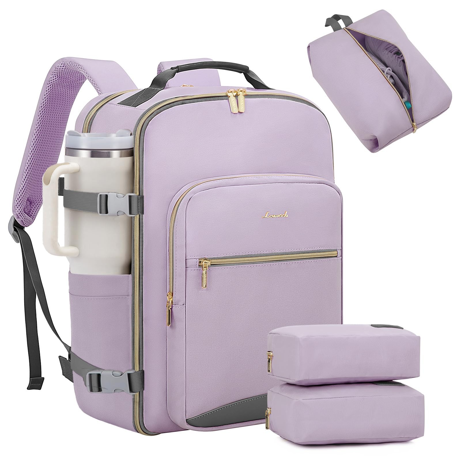 LOVEVOOK 40L Large Travel Backpack for 40L-17.3 Inch-4Pcs, Light Purple-grey