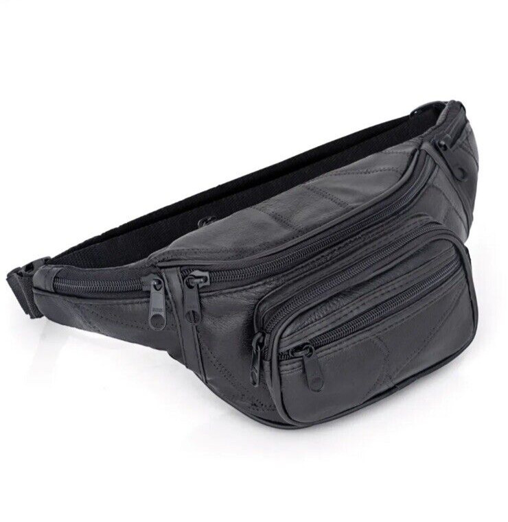 Mens Womens Waist Belt Bag Black Lambskin Leather Fanny Pack Purse Travel Pouch