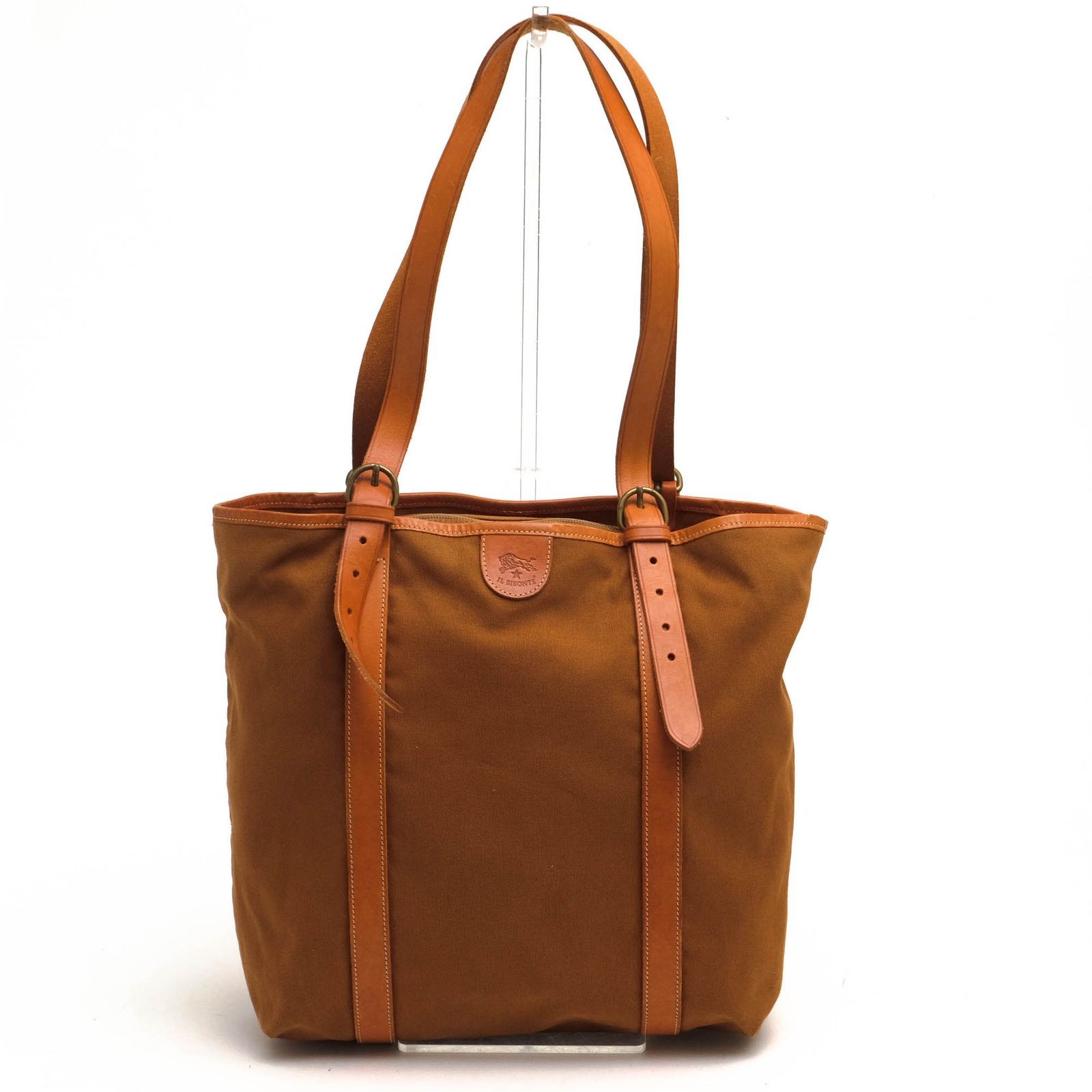 IL BISONTE Men’s Tote Bag Handbag Cotton Canvas Leather Brown 32×32cm W/Dustbag