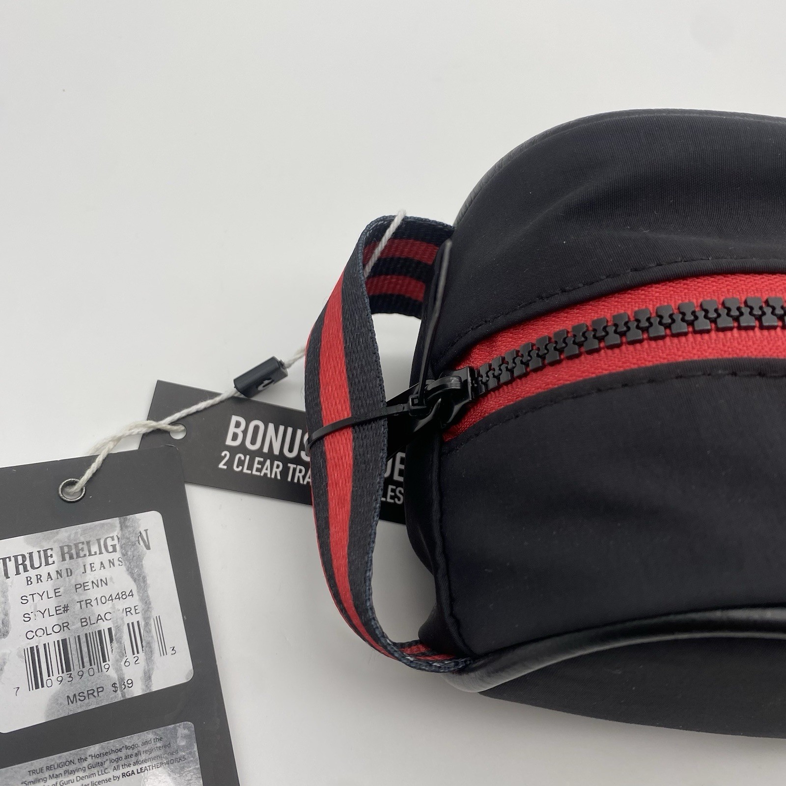 TRUE RELIGION Toiletry Bag PENN BLK/RED w/bonus travel bottles BRAND-NEW w/tags