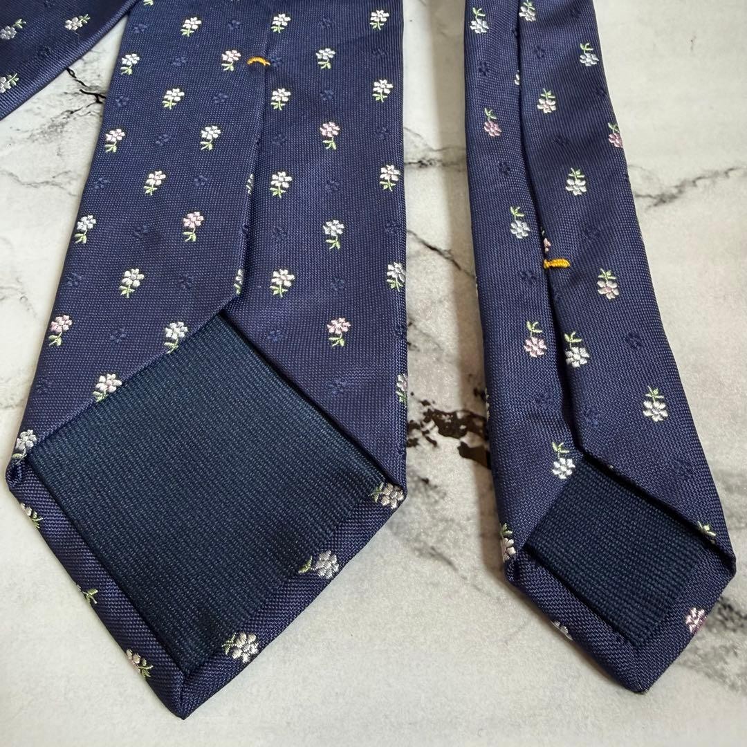 azabu Tailor Navy Tie with Small Floral Pattern, Hand-Stitched