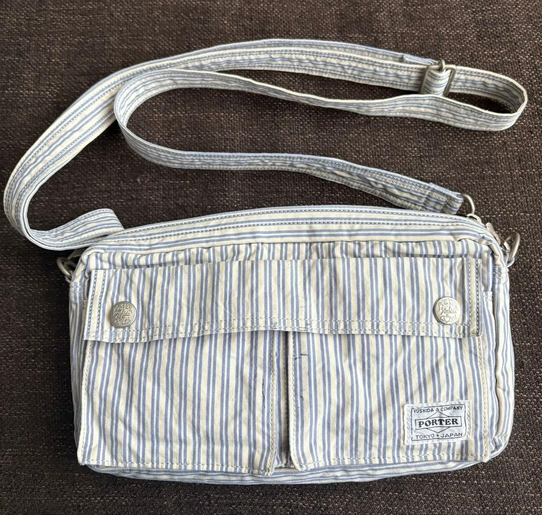 PORTER 70th Anniversary Stripe Crossbody Shoulder Bag Blue White Used t56