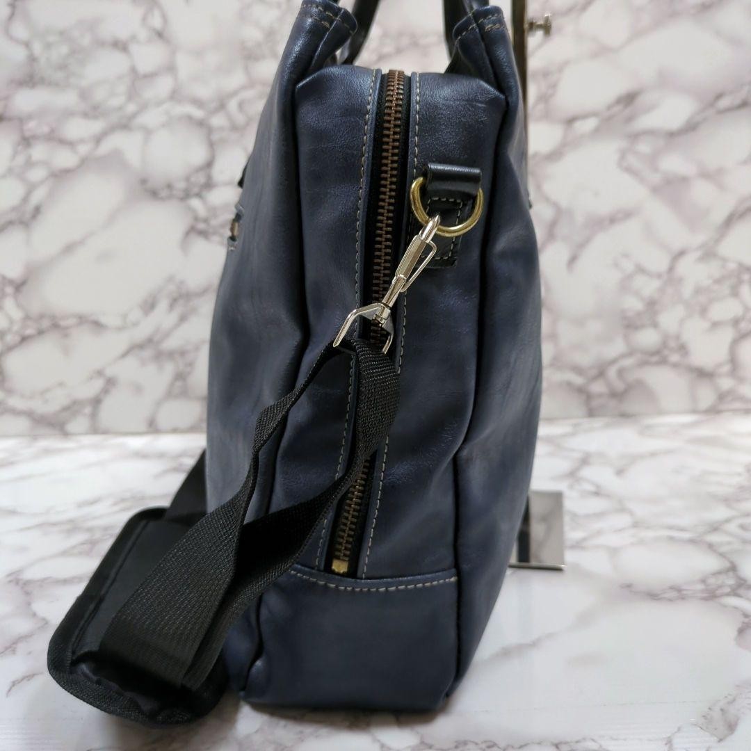 EVERWIN 2Way Leather Briefcase Shoulder Bag Navy 3 Compartment Made in Japan