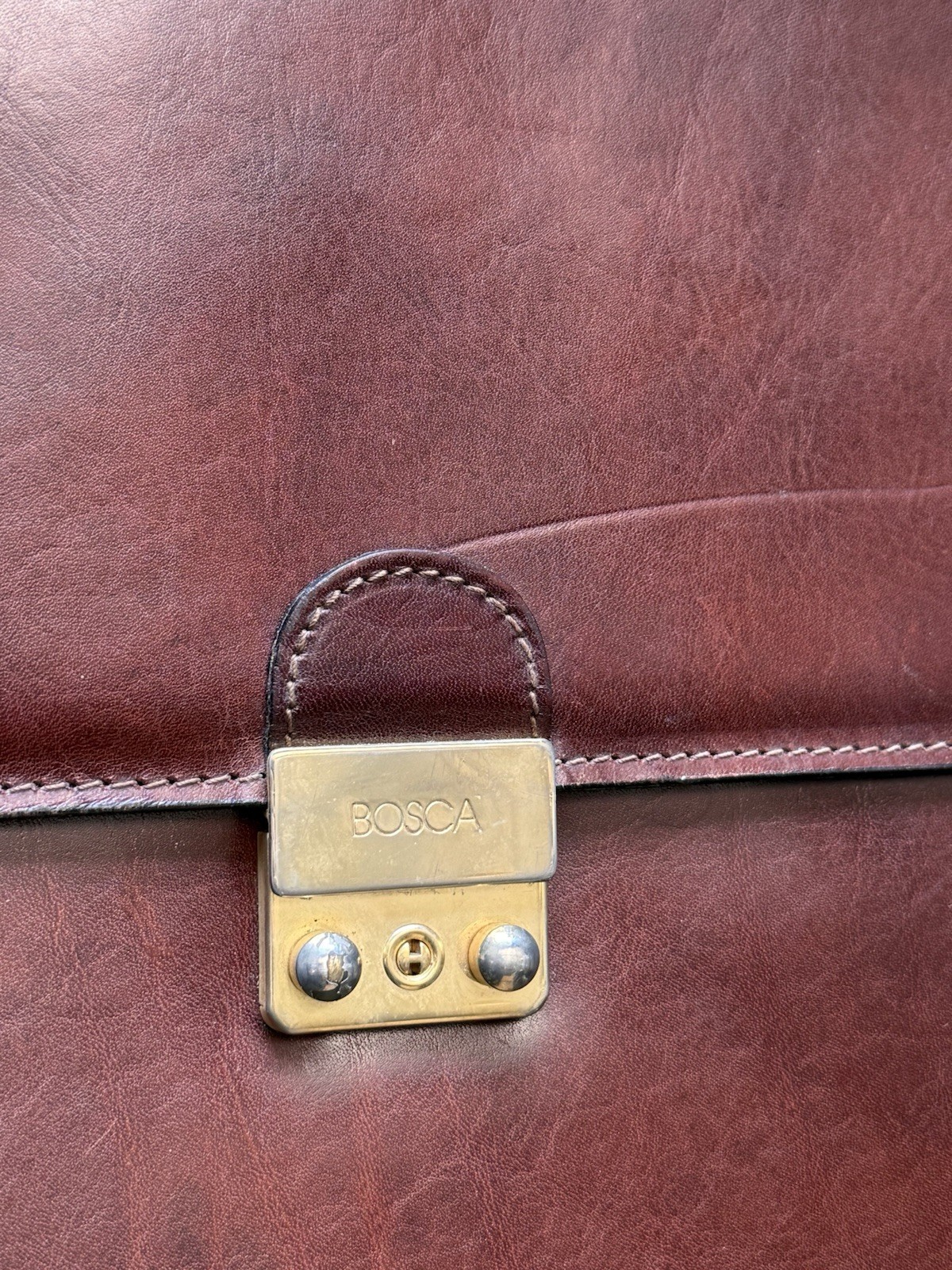 Bosca Brown Leather Men’s Briefcase/Document Case Top Handle Strap Push Lock
