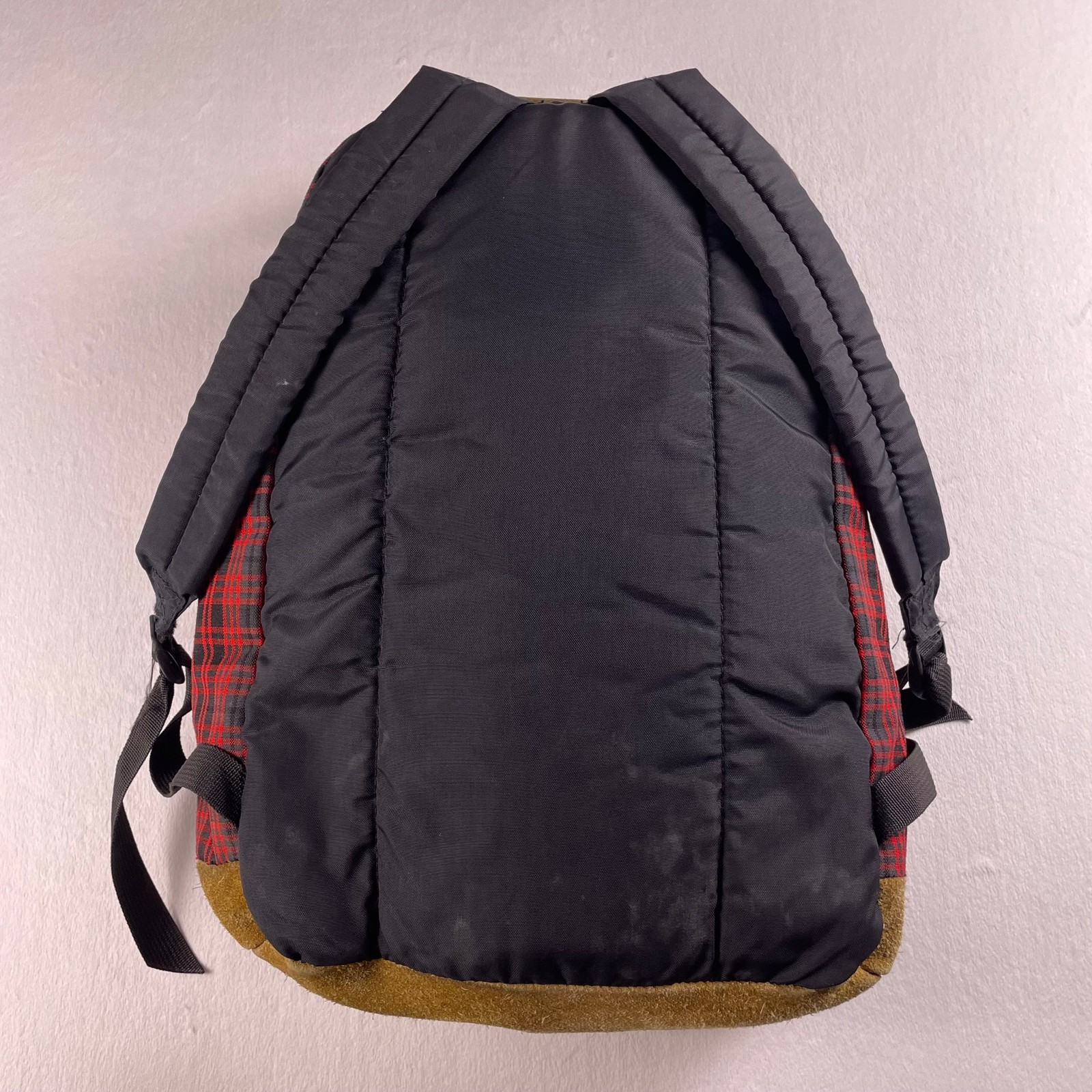 Vtg JanSport Backpack Red Black Plaid Made USA Leather Bottom School Bag