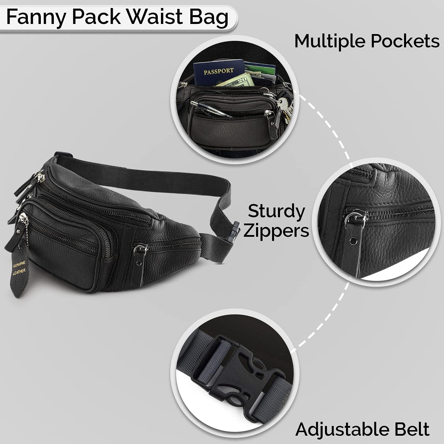 Fanny Pack Waist Bag Multifunction Genuine Leather Hip Bum Small, Black