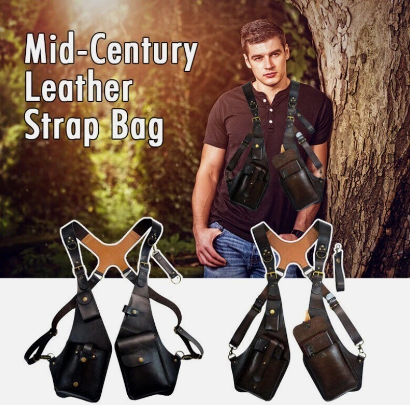 Men Steampunk Shoulder Harness Bag Adjustable PU Leather Chest Holster Black
