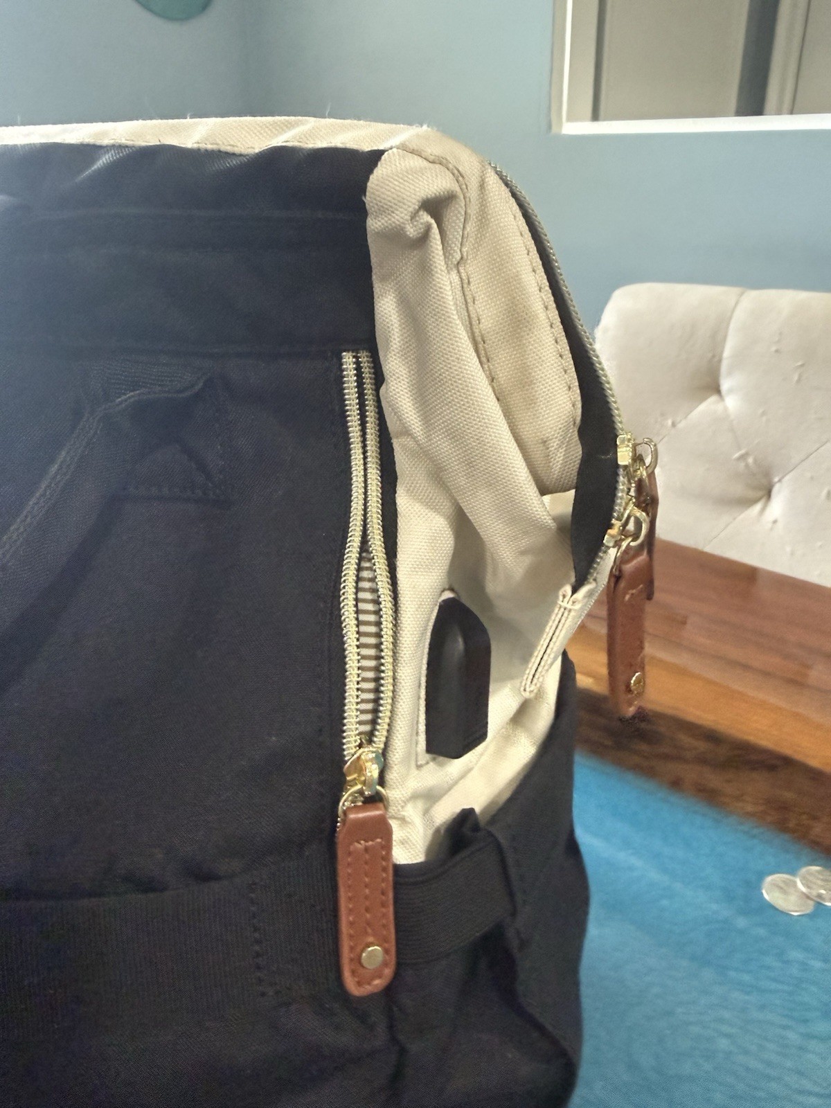 Lovevook Beige/Black Striped Backpack Zip Closure Top Handle Adjustable Strap