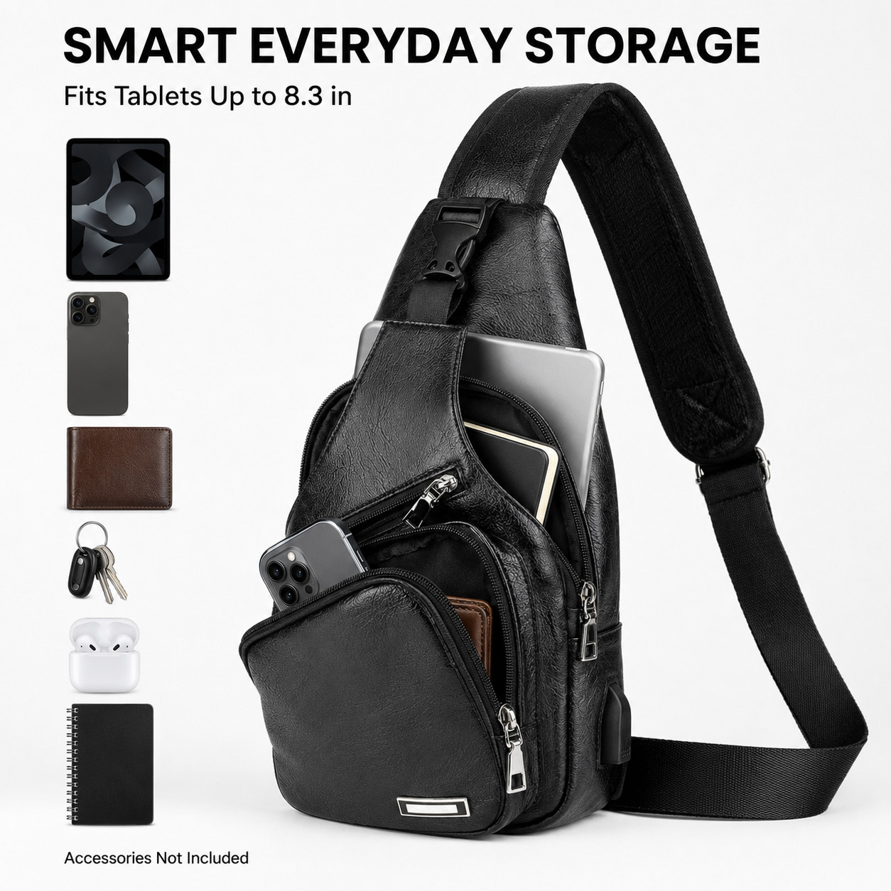 Black Chest Crossbody Bag Sling Backpack for Men with USB Charge Port Hole