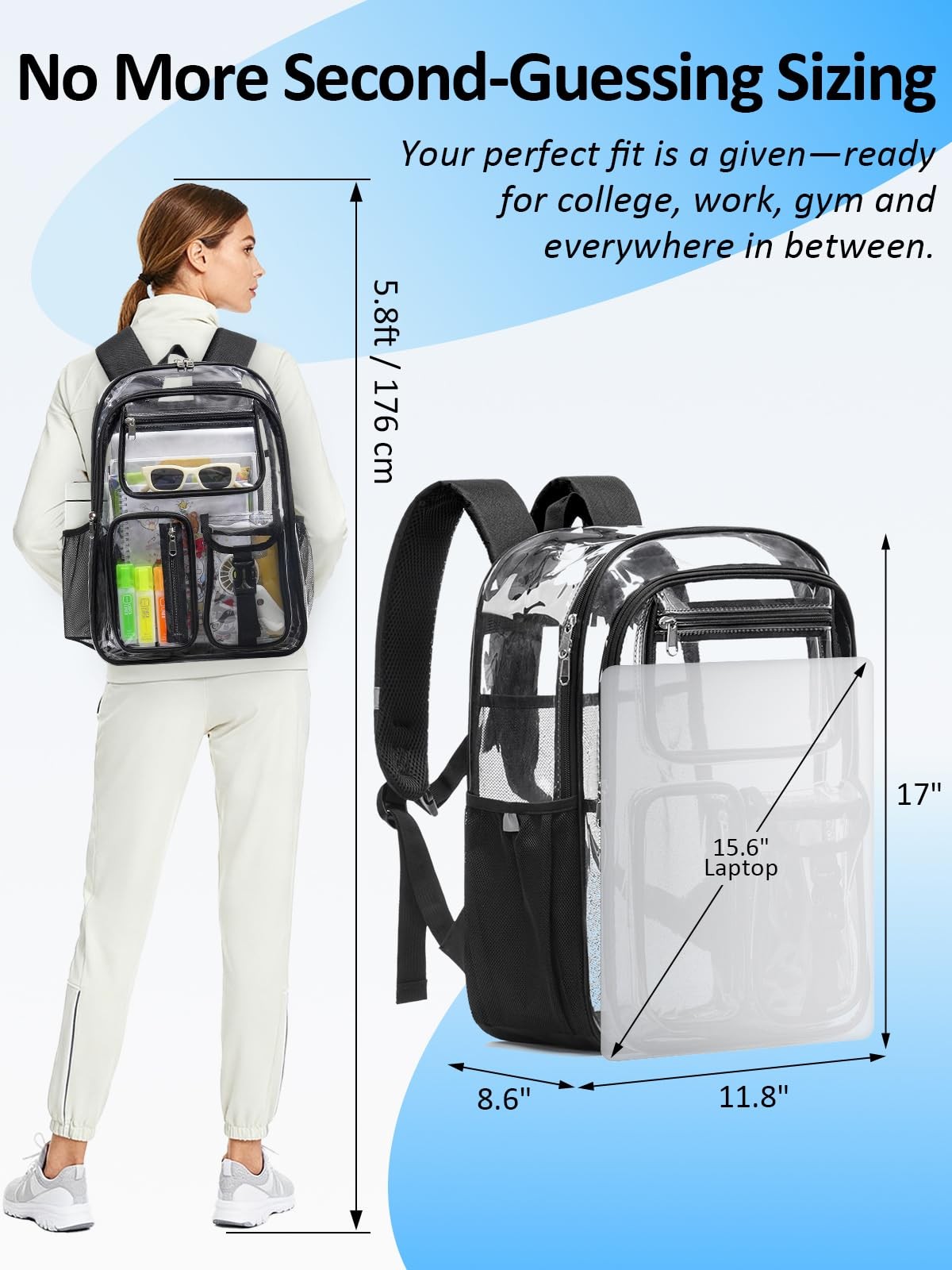 DoubleLayer Clear Backpack Heavy Duty Transparent Bookbag 17 Inch Bag Black
