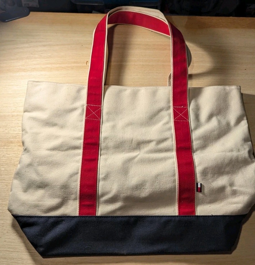 Tommy Hilfiger Canvas White Tote Bag Purse Strap Blue Red Logo Plaid Lined Used