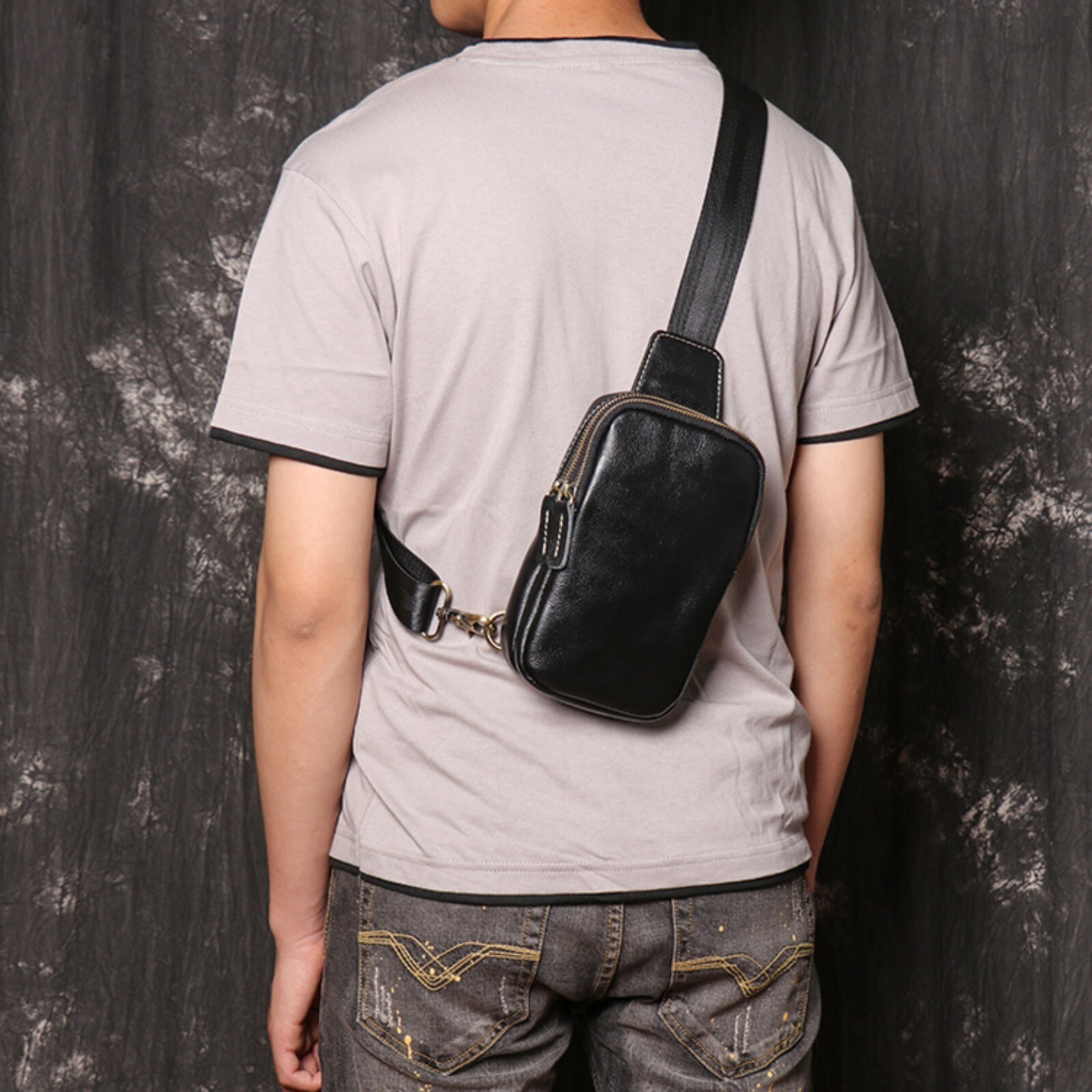 Men Black Leather Sling Bag Crossbody Shoulder Chest Pouch Small Travel Pack