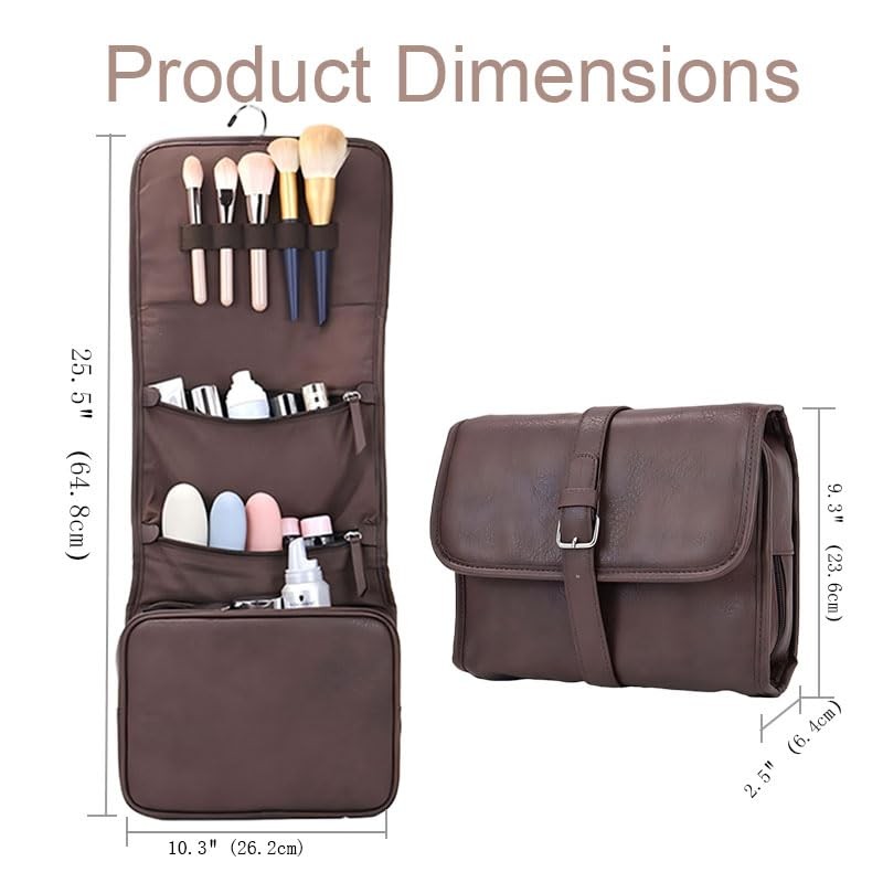RCFJ b y K L A N D PU Leather Hanging Toiletry Bag for Men, Folding Brown