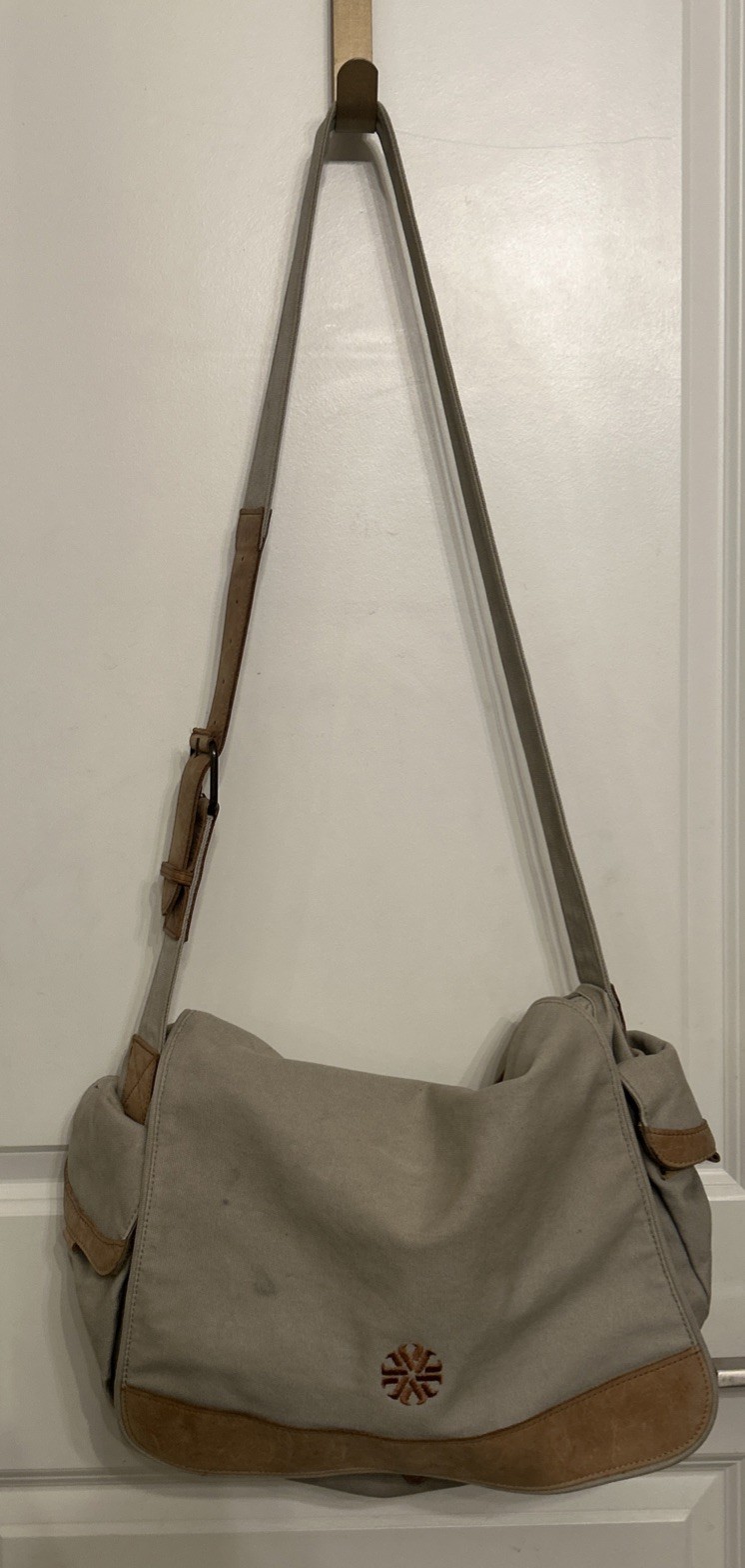 100% Cotton LL Bean Canvas Leather Cross Body Utilitarian Messenger Tote Bag