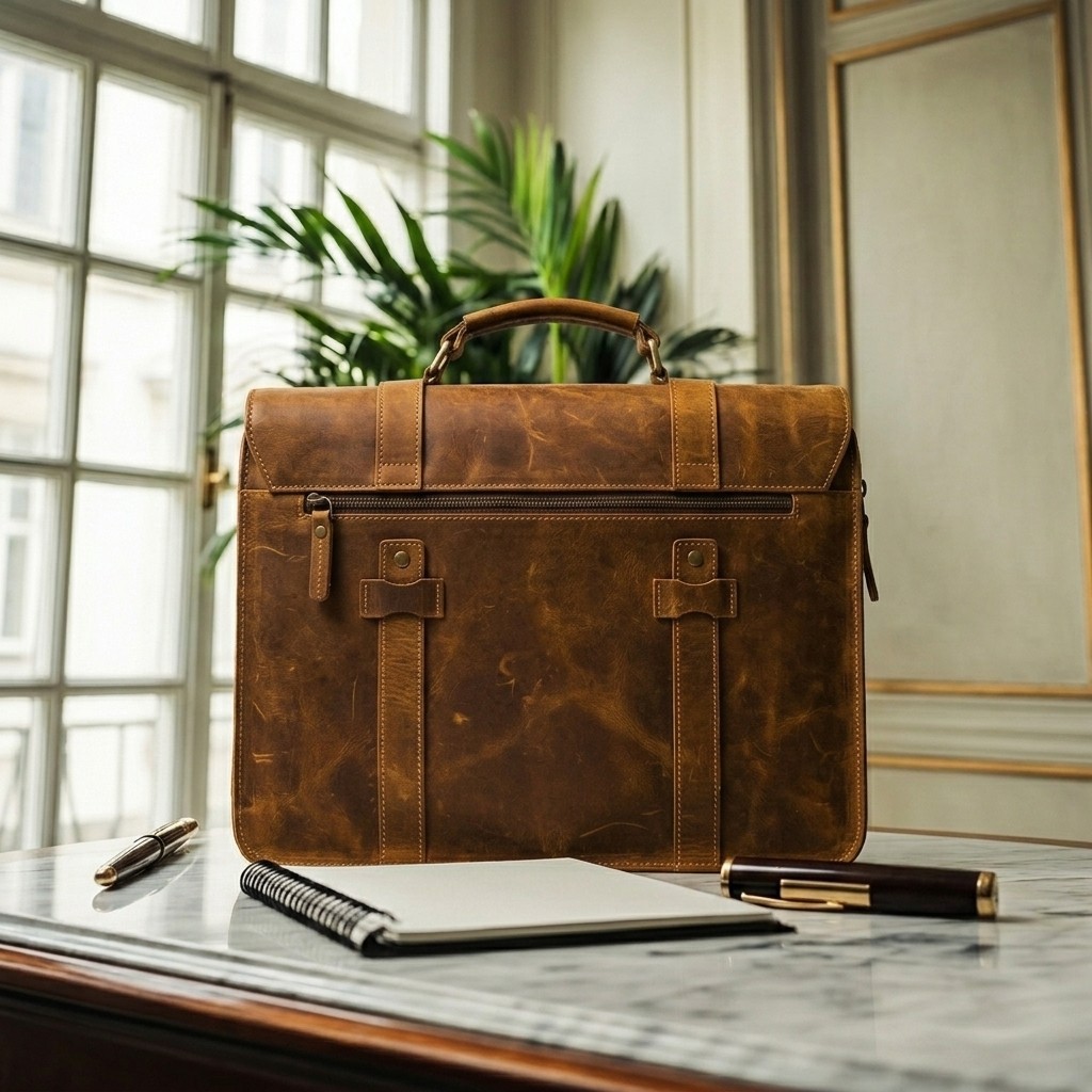 Tan Leather Briefcase Double Strap Loop Flap Single Handle Laptop Work Bag
