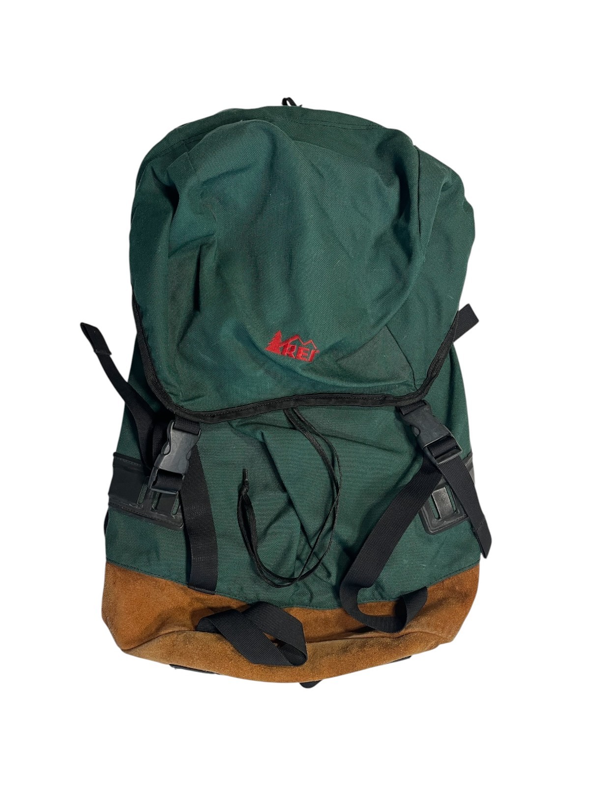 Vtg REI Green/Brown SUEDE-LEATHER HIKE BACKPACK Outdoor Camping Trail Gear Bag