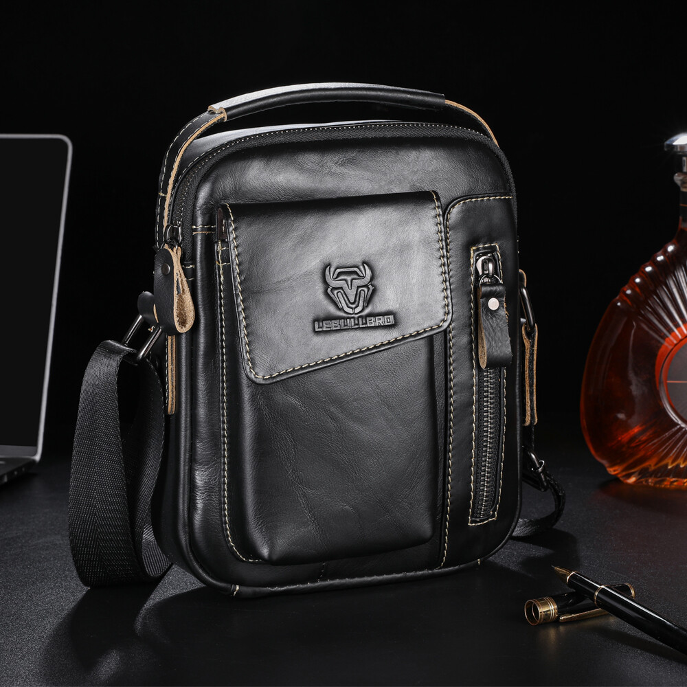 LEBULLBRO Mens Genuine Leather Shoulder Bag Multi-pocket Crossbody Bag Chest Bag