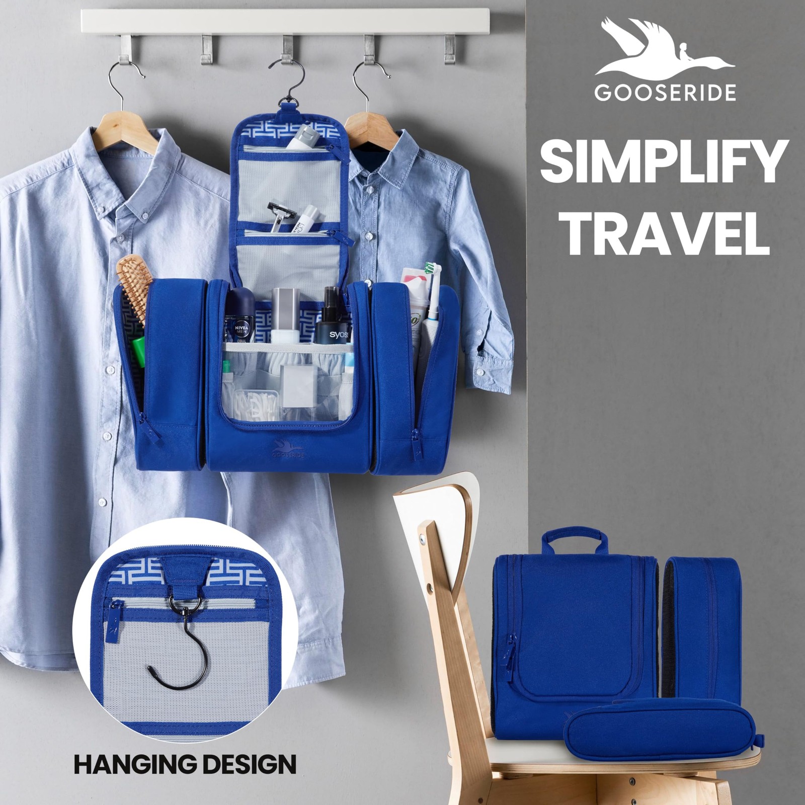 GOOSERIDE Travel Toiletry Bag for Women and Men – Hanging Cosmetic Royal Blue