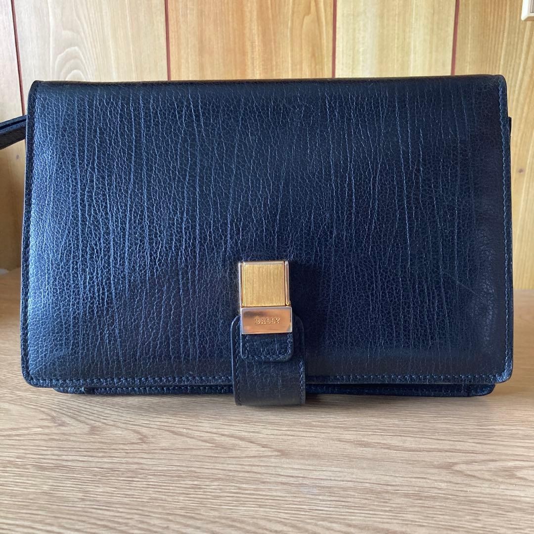 Authentic Bally Leather Clutch Bag 18cm x 25cm Classic Black 2WAY with Strap