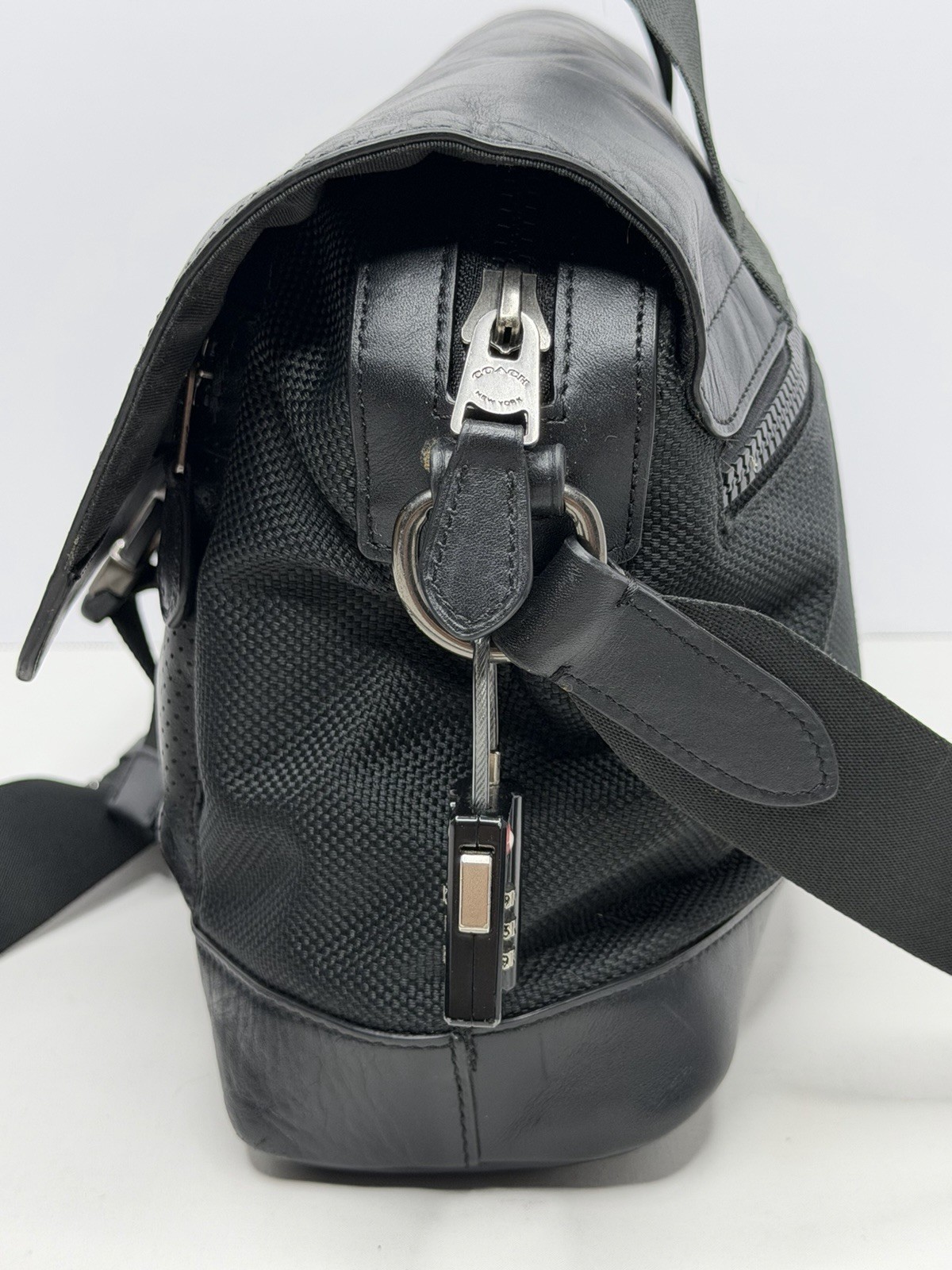 Coach Black Leather Canvas Top Handle Biker Messenger Crossbody Bag