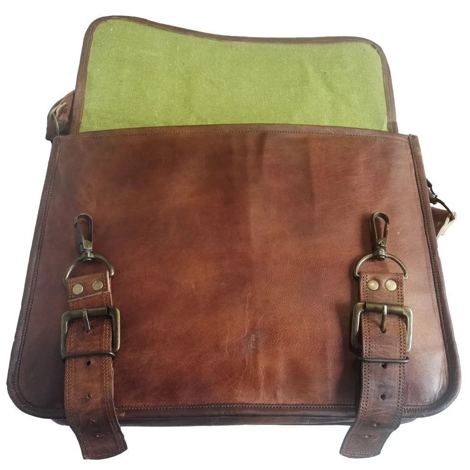 15″ Goat Leather Laptop Briefcase Men’s Messenger Office Work Large Bag