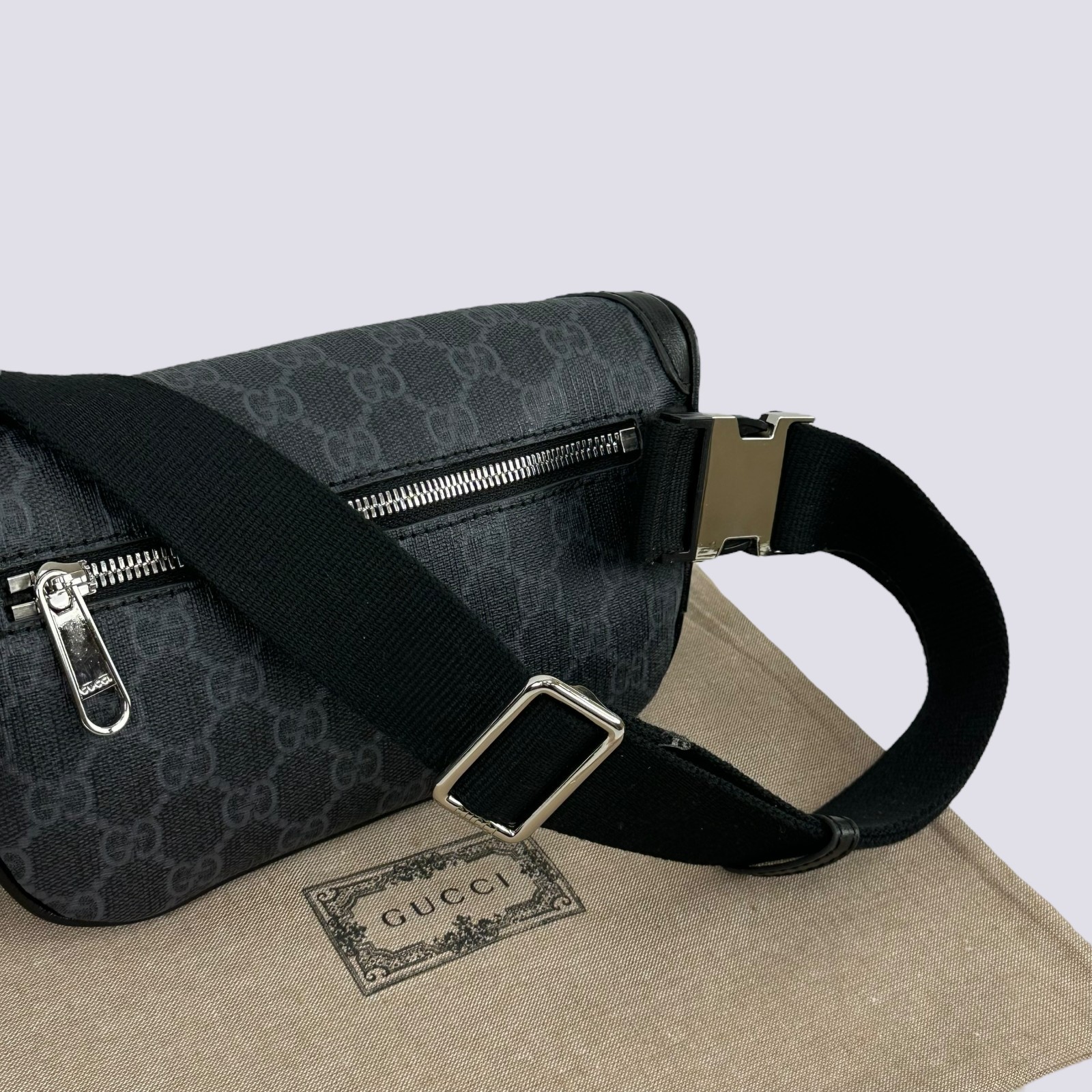 Gucci GG Monogram Logo Interlocking G Canvas Crossbody Belt Bag Black 682933