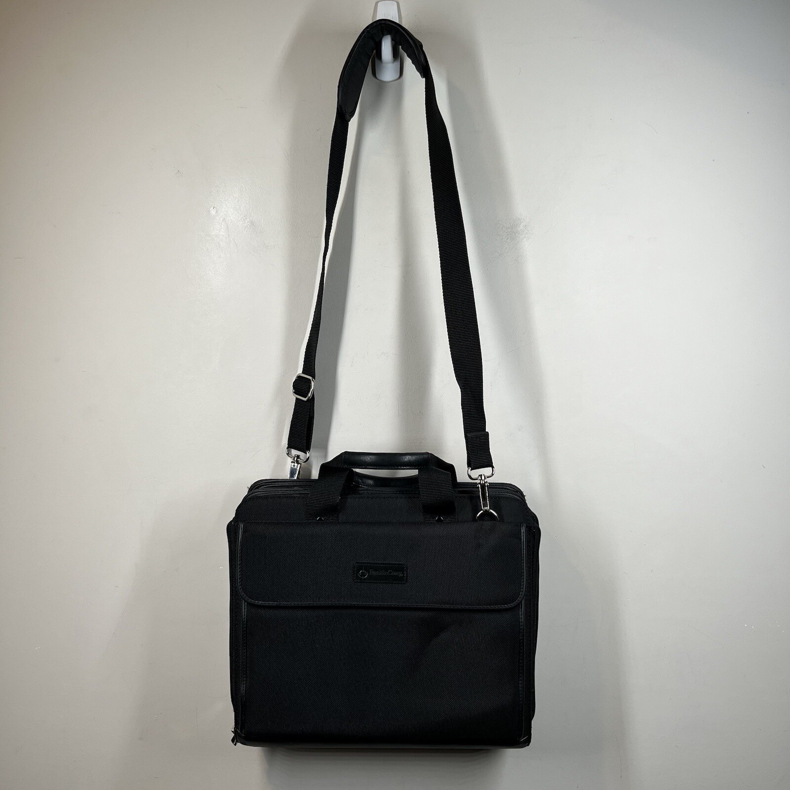 Franklin Covey Messenger Briefcase 15×12 Laptop Leather Nylon Black Bag Organize