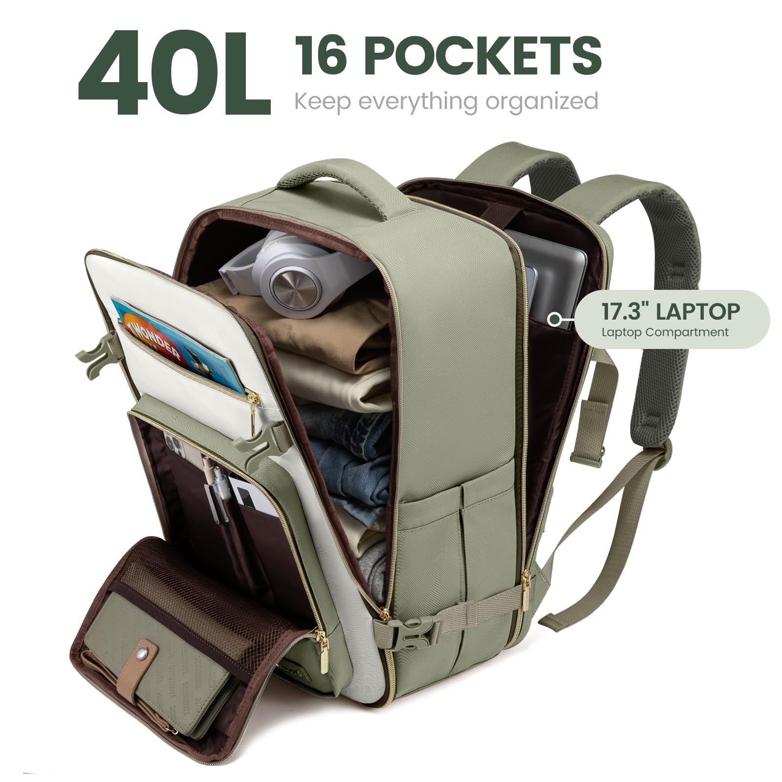 Lovevook 40L Carry On Travel Backpack for Women, 17 Inch Laptop