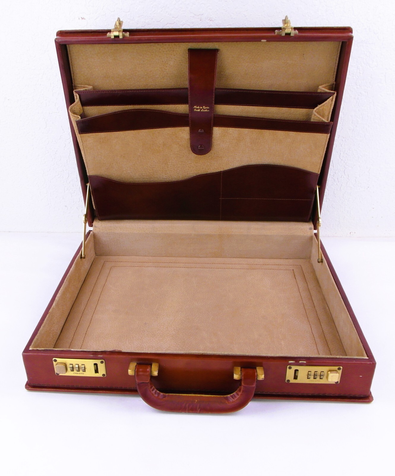 Vintage Brown Budd Leather Briefcase Made In Spain w/ Presto Combination Locks