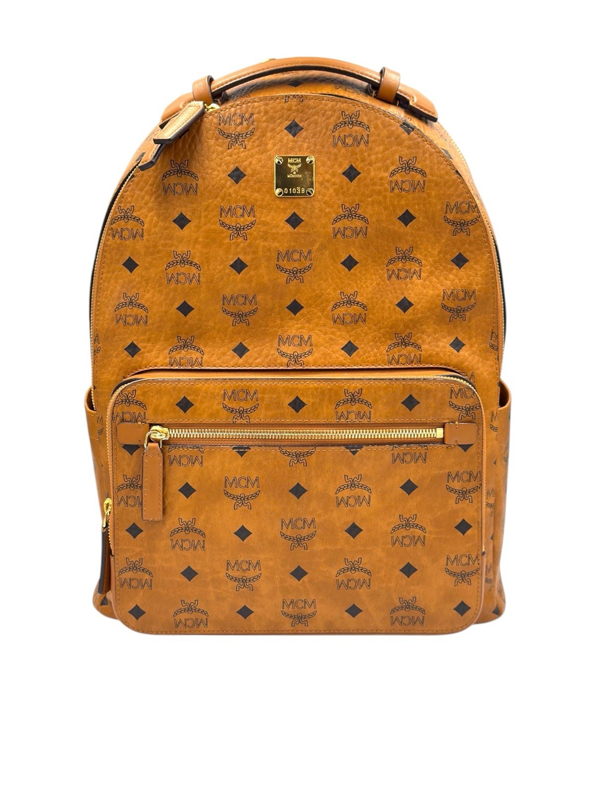 Authentic MCM Stark Visetos Cognac Medium Backpack Gold Hardware Brown