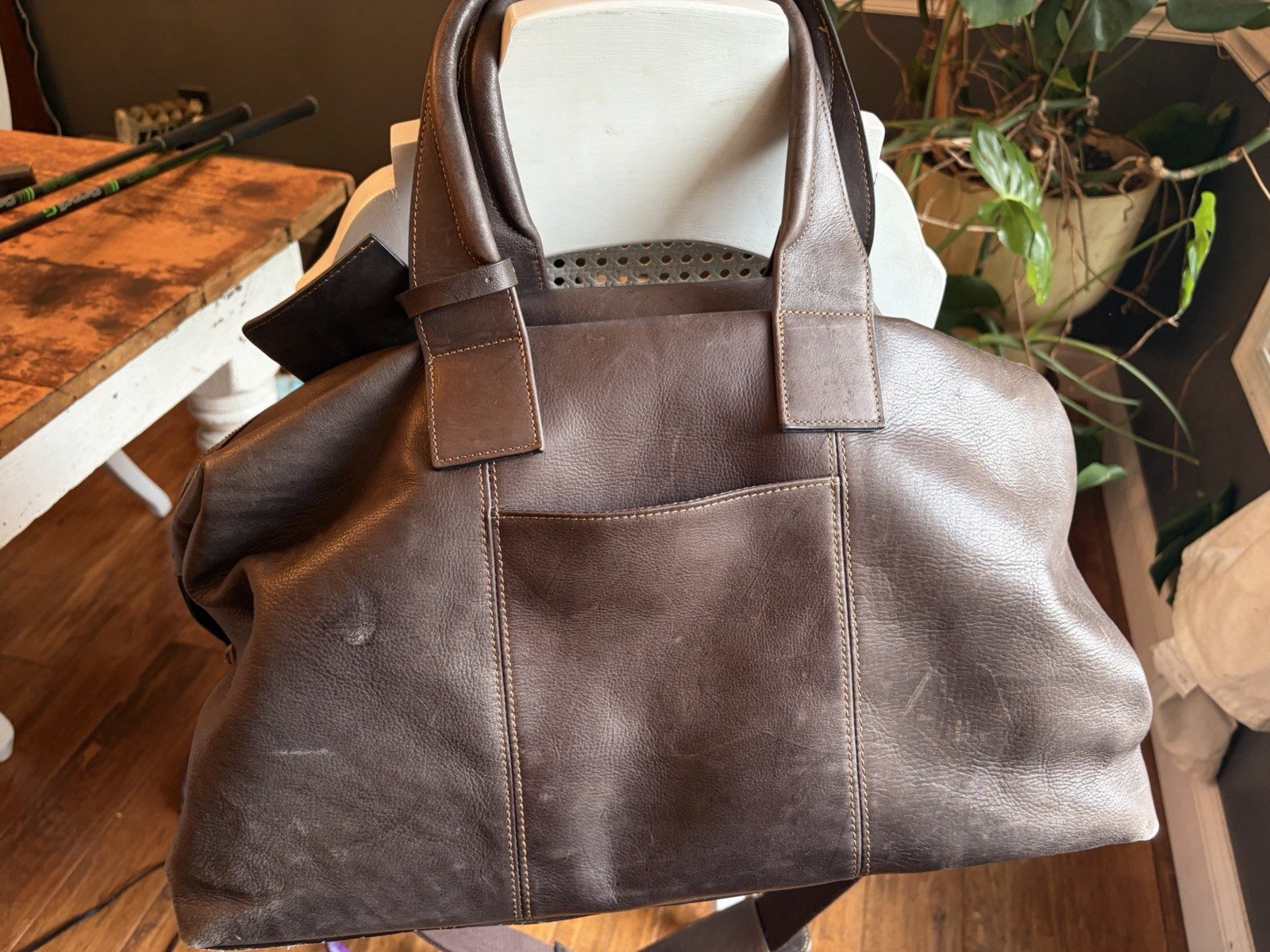 Kenneth Cole Dark Brown Genuine Leather Duffle Weekender Travel Bag Vintage Y2K