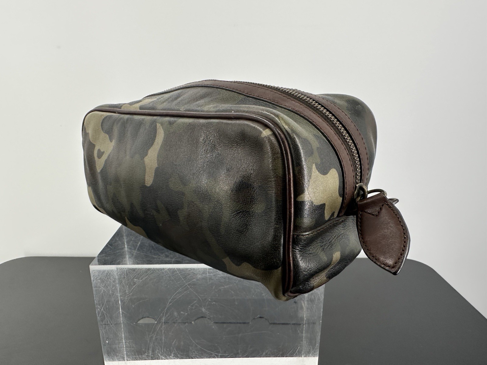 Polo Ralph Lauren Green Leather Camo Toiletry Travel Bag 10”x5”x5”