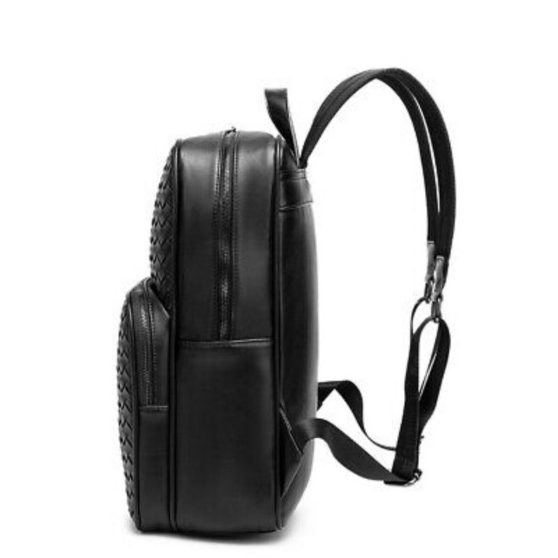 Top PU Leather Black Weaving Backpack, Soft Leather Large Capacity Travel Bags