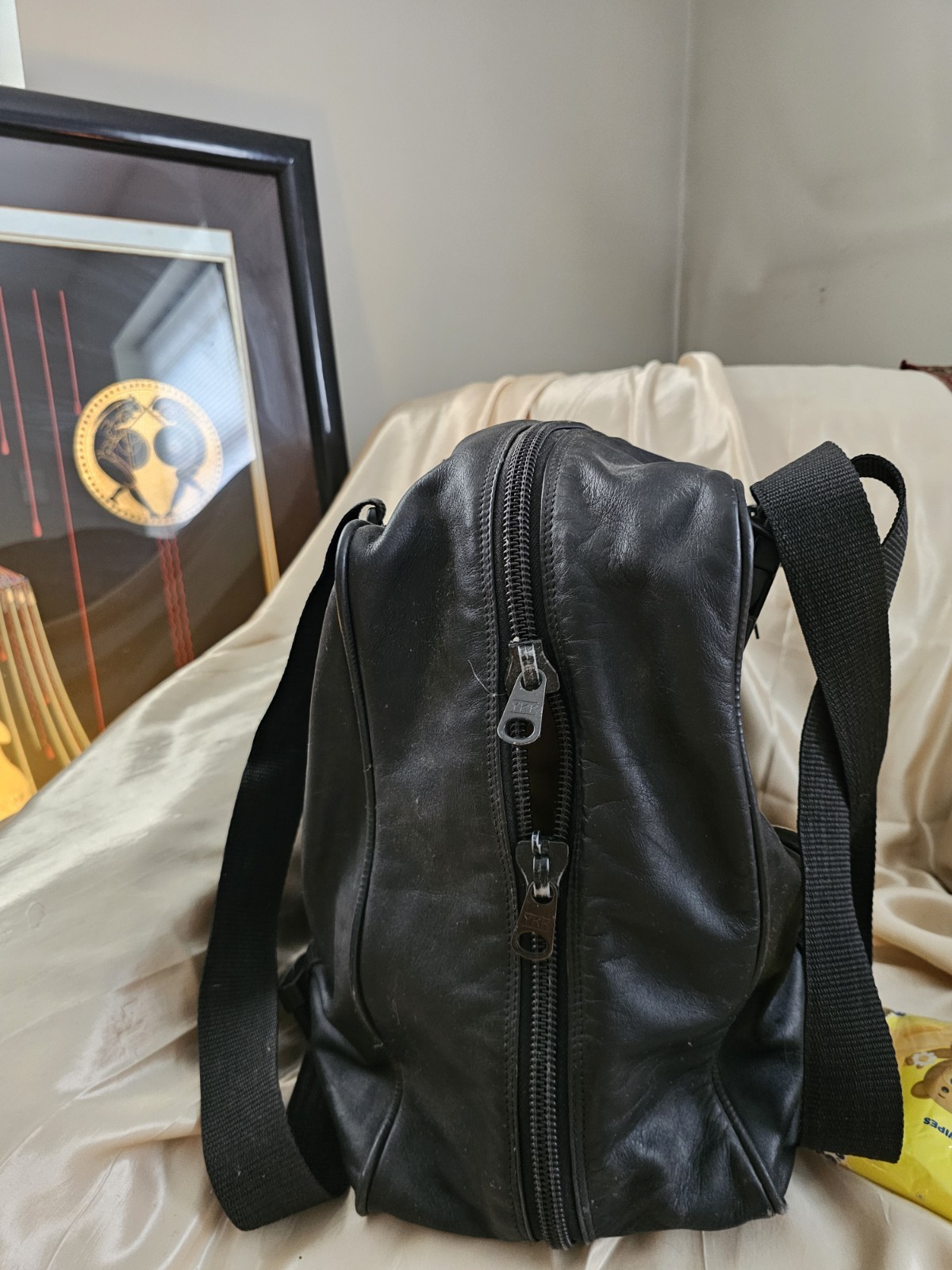 PORSCHE ORIGINAL Black Leather Messenger Shoulder Bag Zip Buckle Nylon Strap