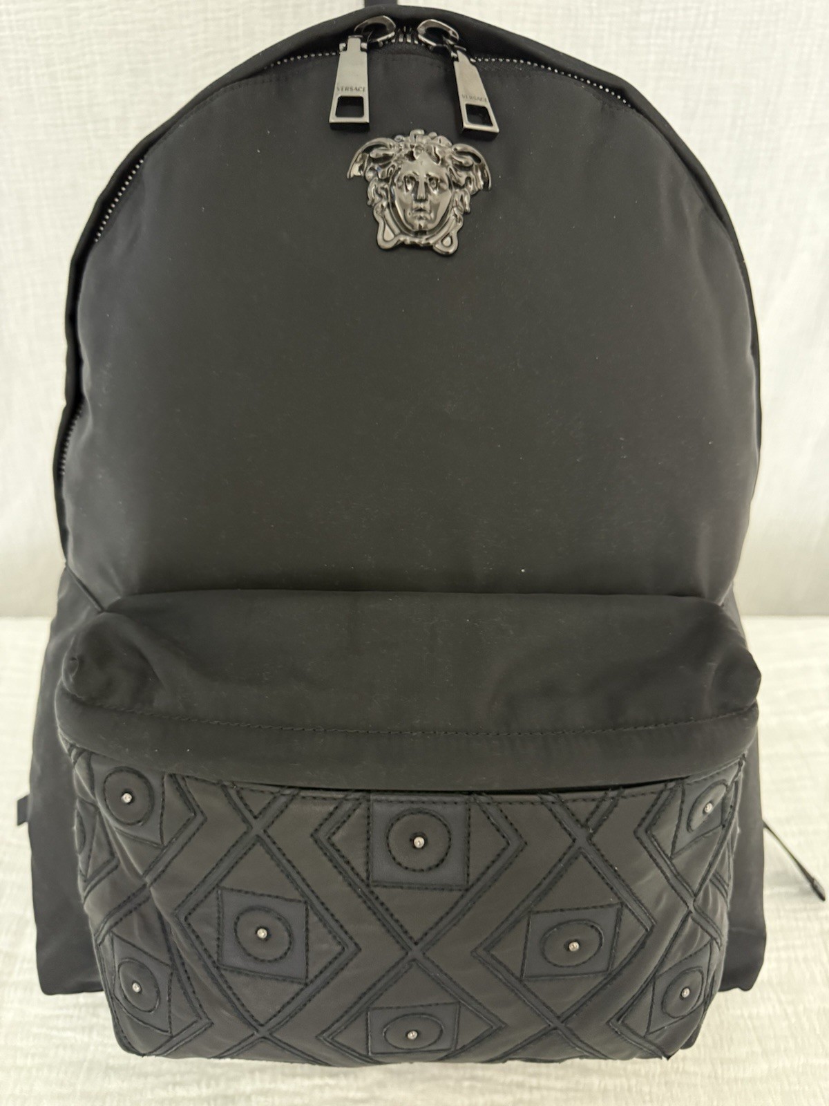 Versace Black-On-Black Nylon Backpack – Leather Front Panel w/ Stud Detail