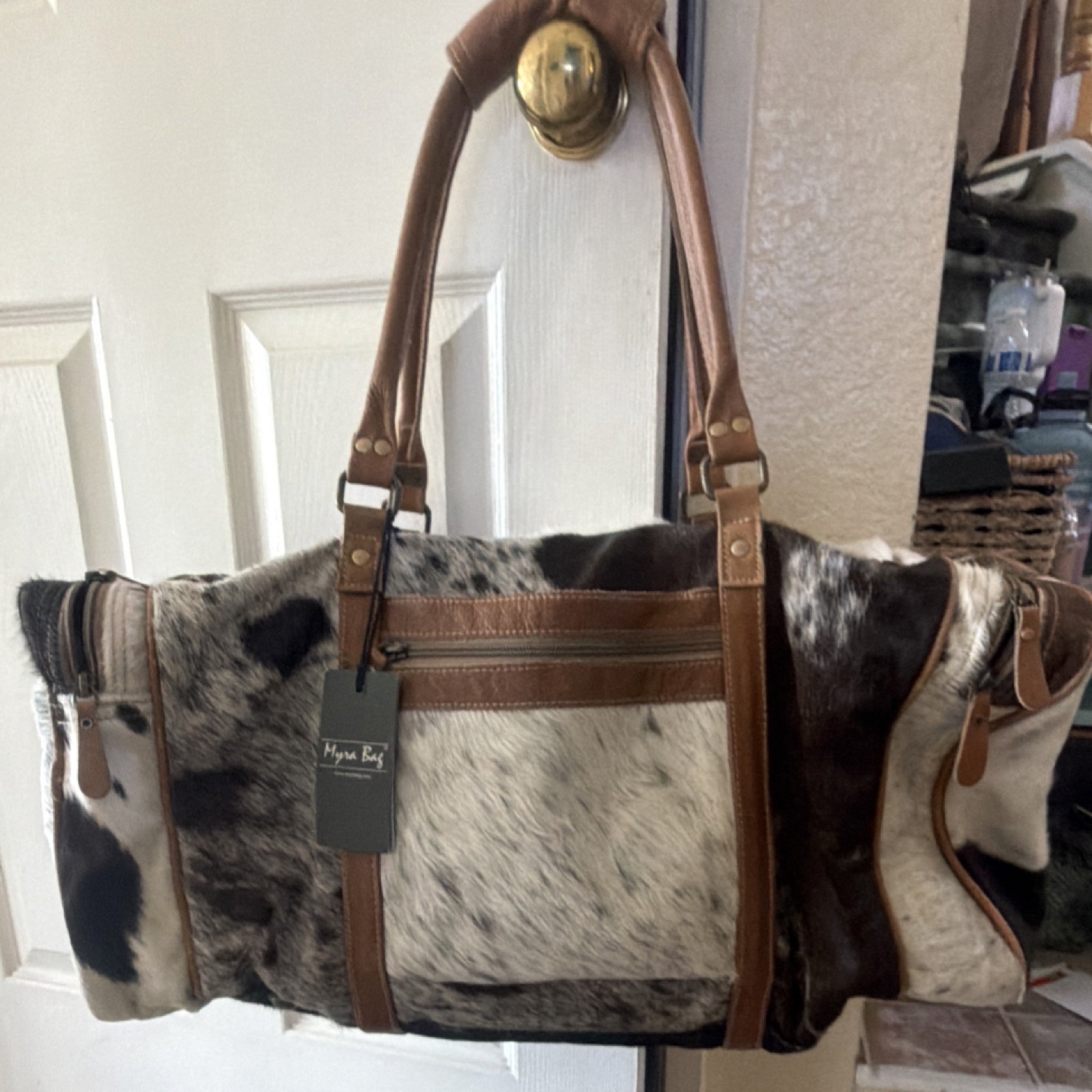 Myra Bag Men’s Brown White Black Animal Print Duffle Travel Bag Zip Pockets