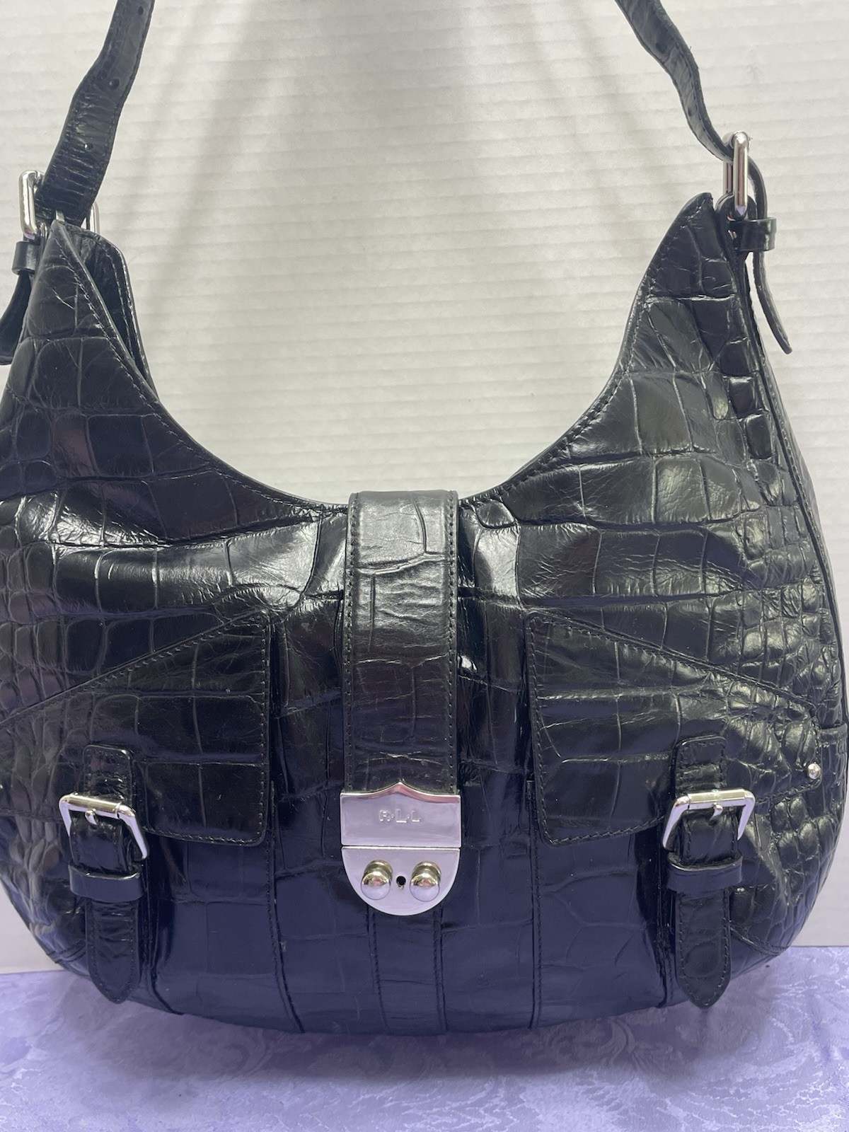 Lauren Ralph Lauren Black Croc Embossed Leather Hobo Shoulder Bag Y2K Push Lock