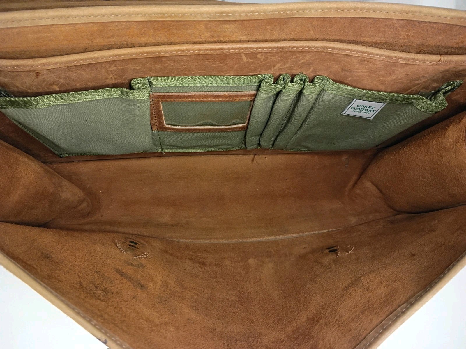 Gokey Co. Tan Heavy Saddle Leather Briefcase Green Canvas Brass Messenger Bag