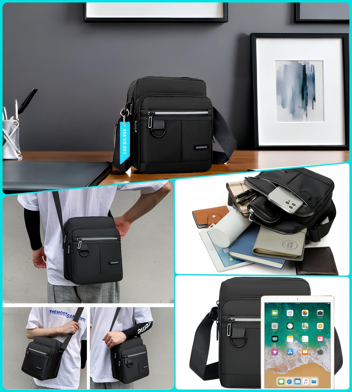 Small Waterproof Messenger Crossbody Shoulder Bag for Men Black