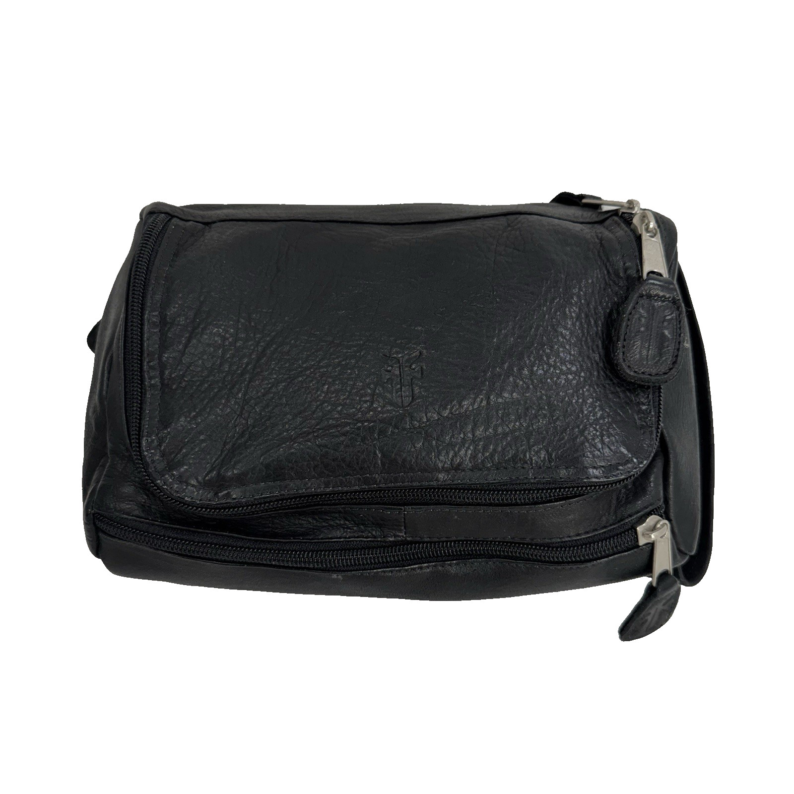 Frye Black Pebbled Leather Case Top Zip Around Single Handle Travel Toiletry Bag
