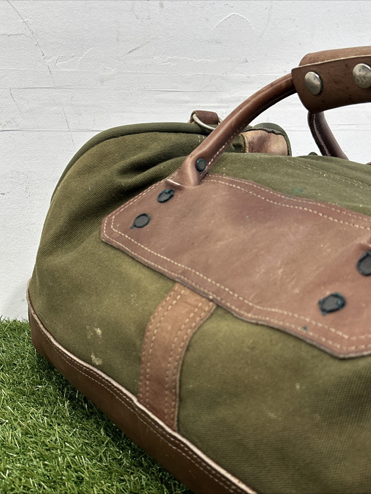 VNTG Orvis Duffle Bag Canvas Leather Green Brown Travel Weekender Luggage Large