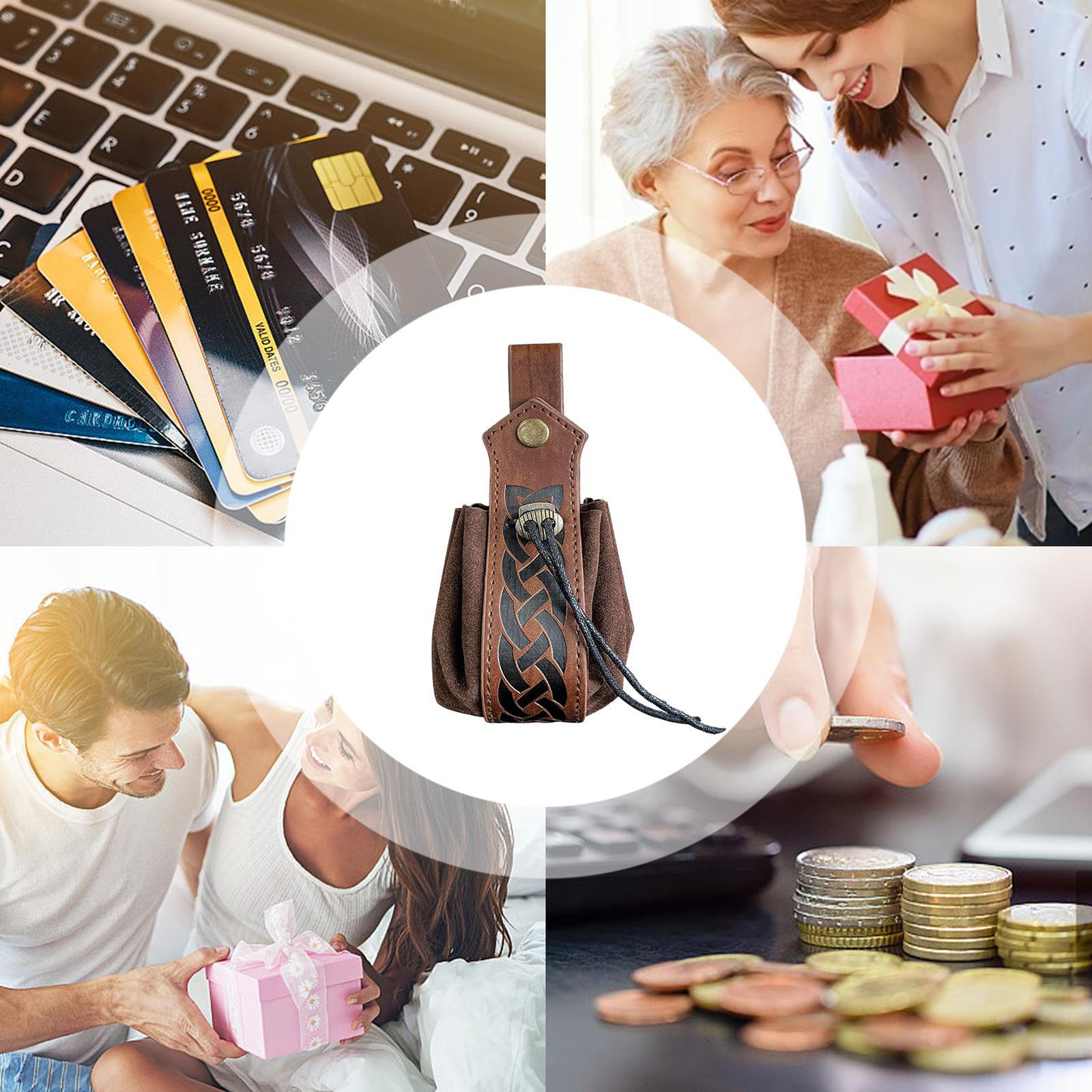 Leather Drawstring Wrist Pouch Coin Purse Change Money Bag Wallet Note Case