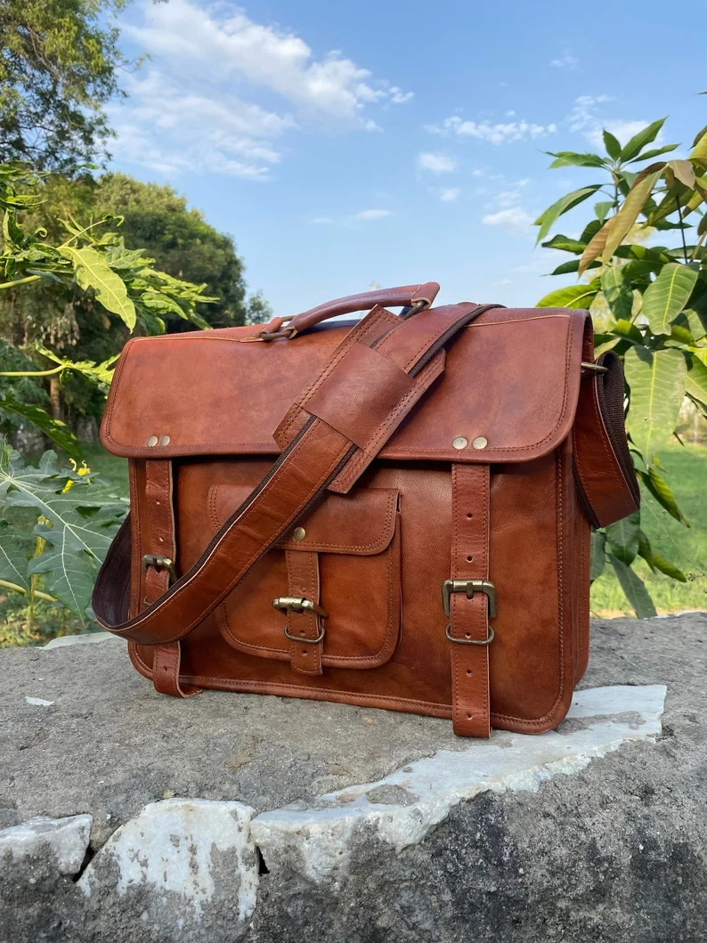 Real Goat Leather Messenger Bag Men’s Genuine Brown Laptop Satchel Briefcase