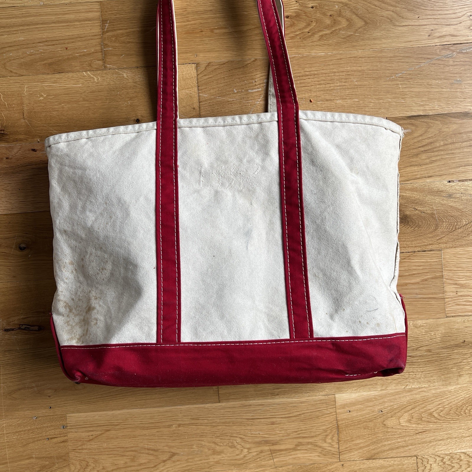 Vintage 90’s 00’s LL Bean Boat and Tote Bag Large Ivory Red Canvas USA Stained